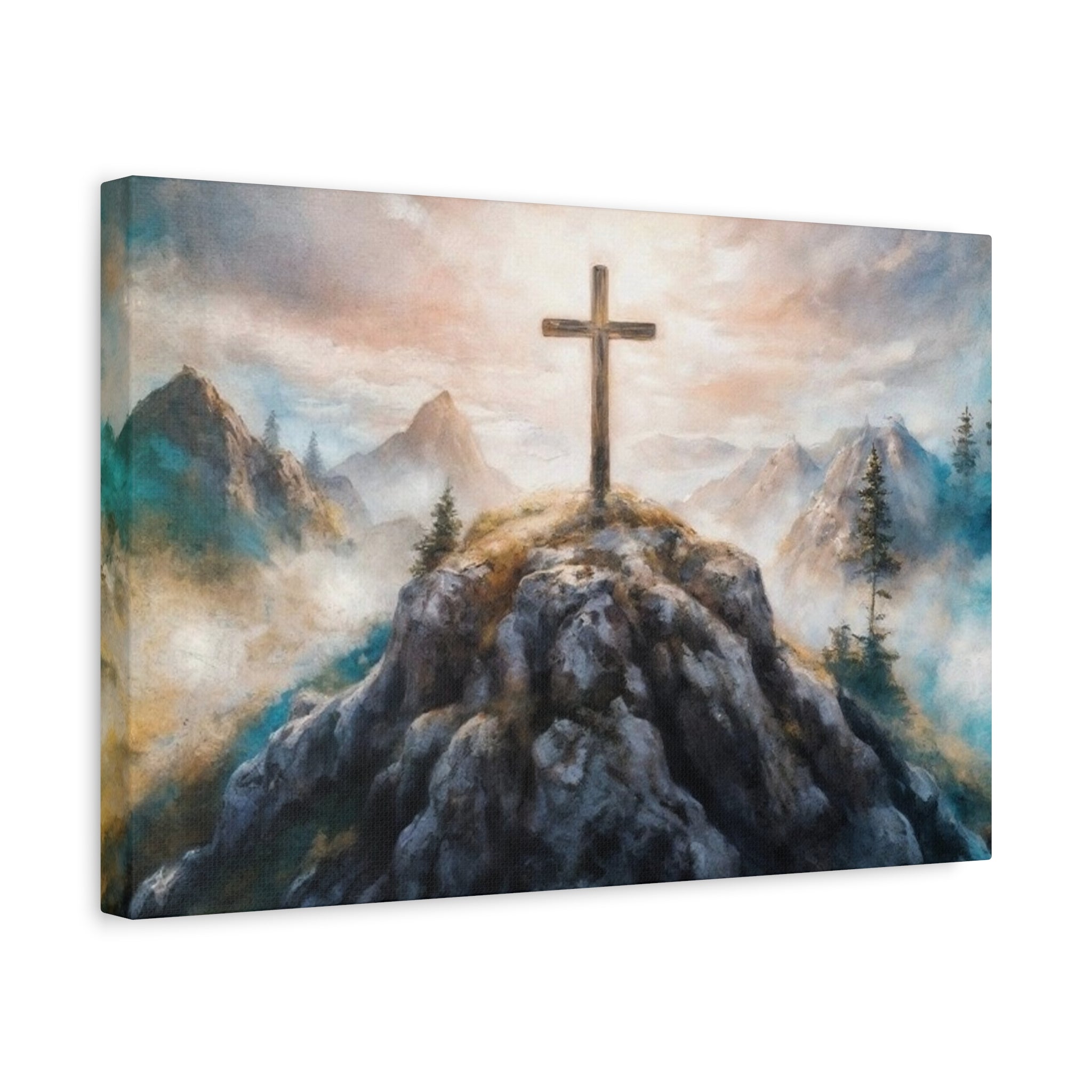Cross on Mountain Matte Canvas Wall Art — Christian Inspirational Landscape