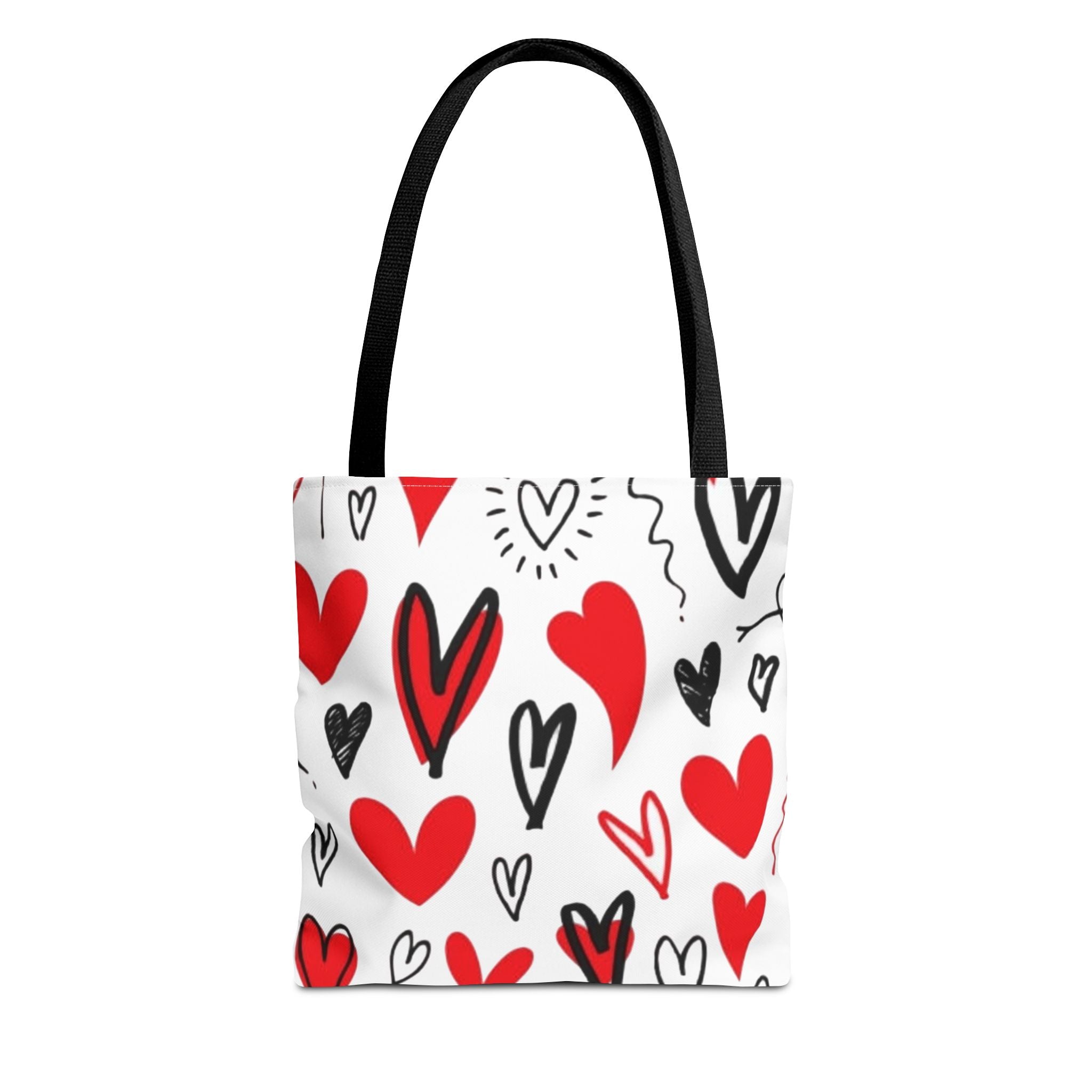 Heart Pattern Tote Bag — Red & Black Doodle Hearts All-Over Print