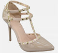 Wild Diva Women Stiletto Heels Pointy Toe Studded Pumps Strap ADORA64 Beige Nude-0