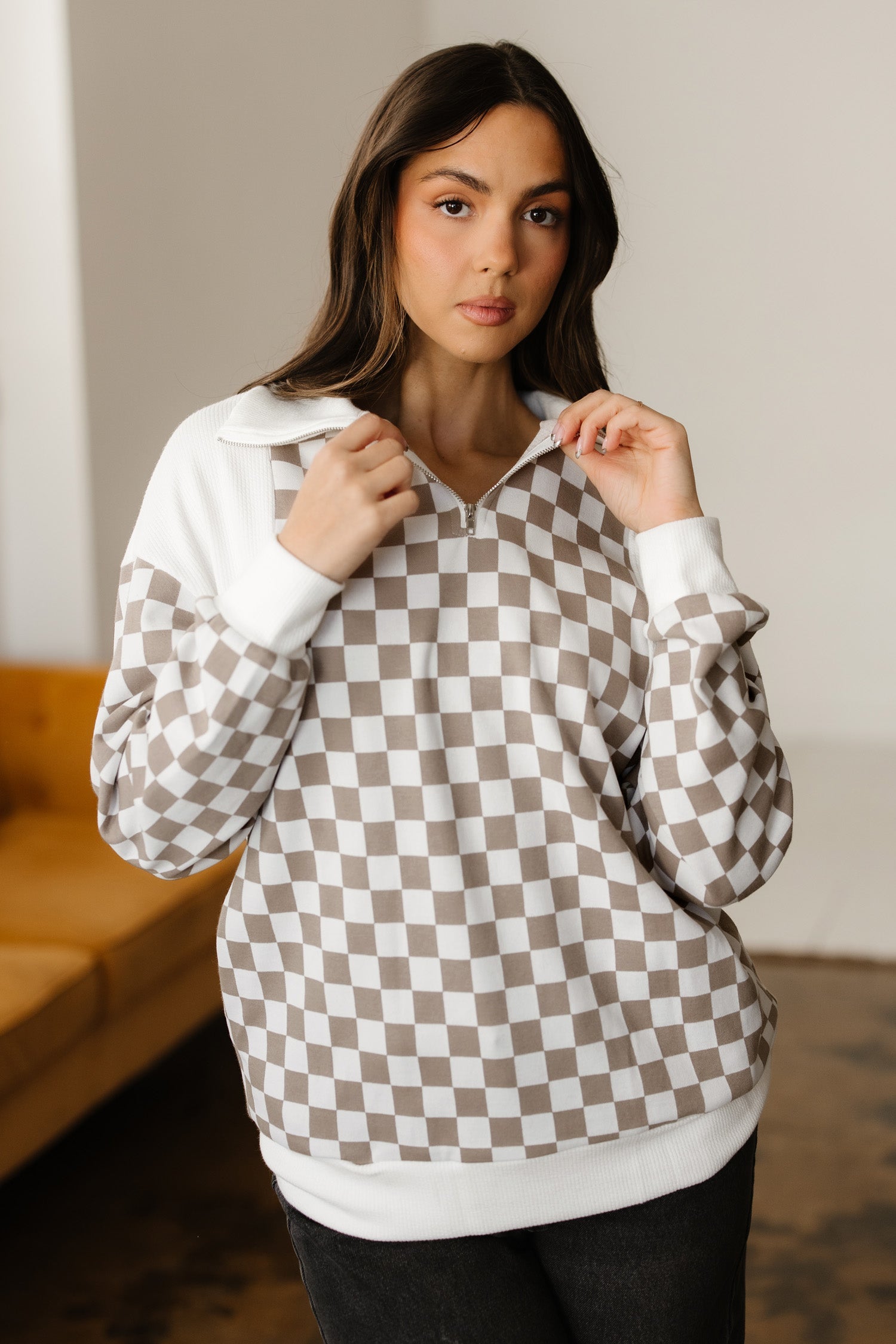 Tan Checkered Sweatshirt