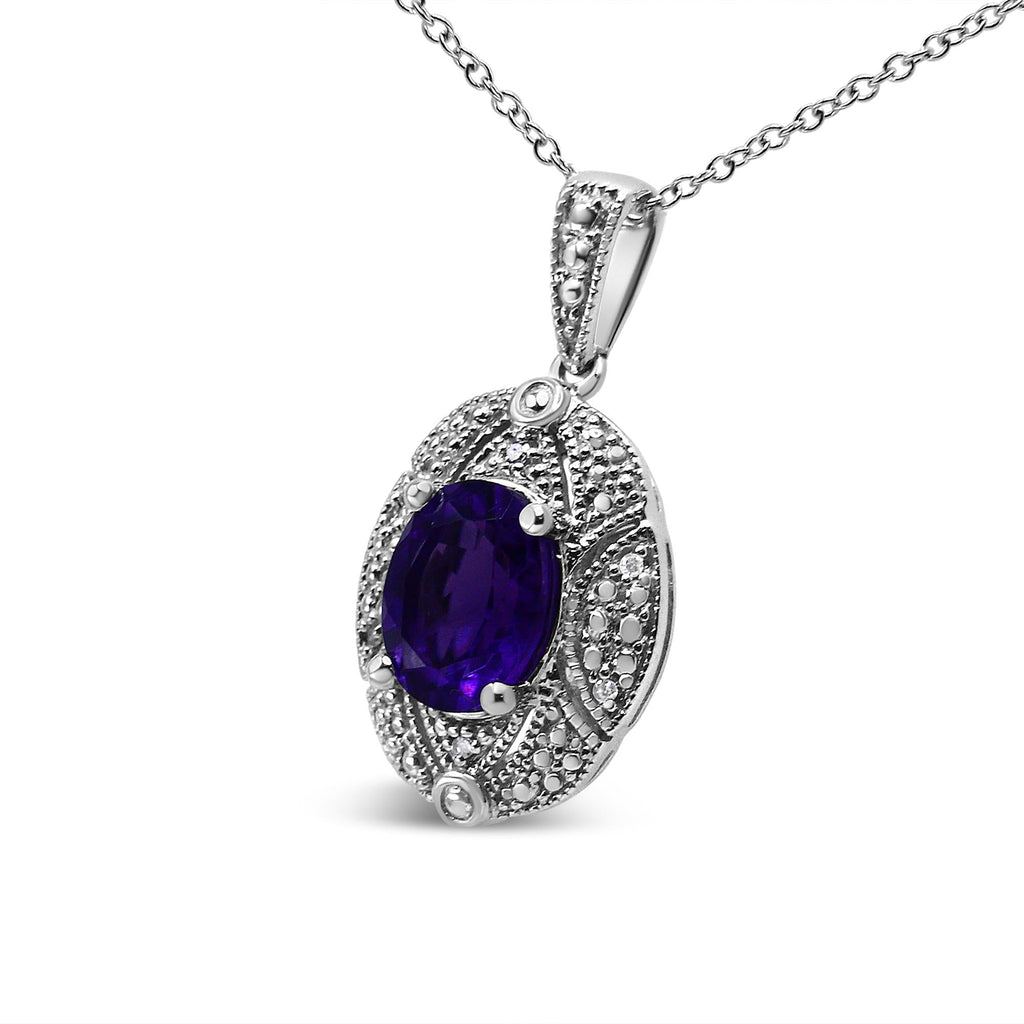 .925 Sterling Silver Diamond Accent and 9x7mm Purple Oval Amethyst Gemstone Pendant 18" Necklace (I-J Color, I1-I2 Clarity)-1