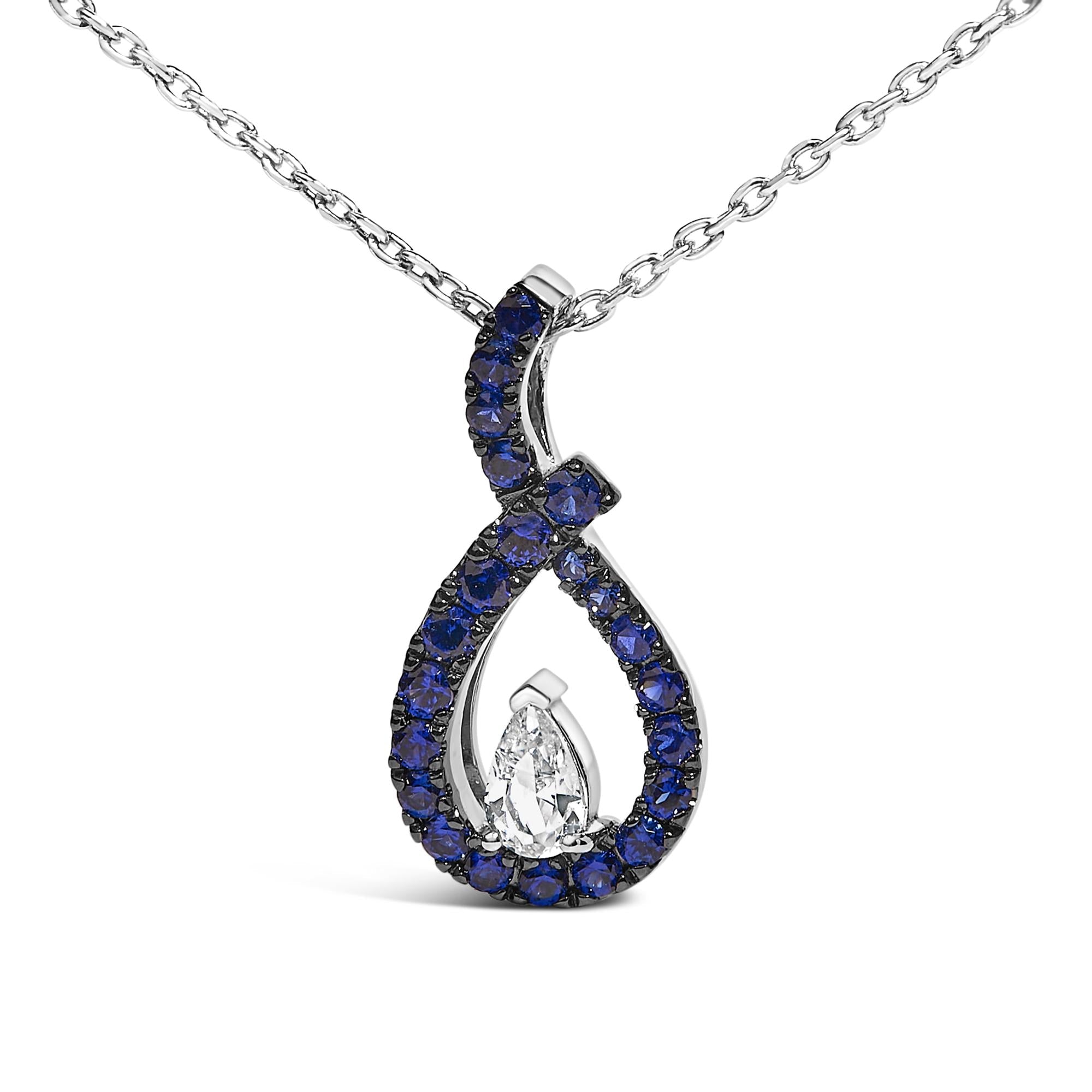 .925 Sterling Silver Created Blue and White Sapphire Teardrop Shaped Pendant Necklace - 18" Inches-1