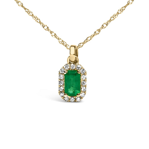 10K Yellow Gold 5x3mm Green Emerald and Diamond Accent Halo Octagonal Shape 18" Pendant Necklace (I-J Color, I1-I2 Clarity)-1