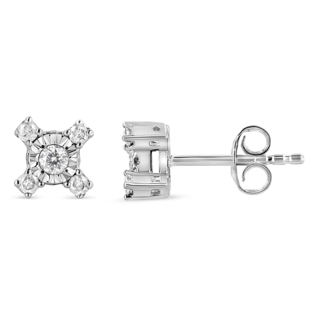 .925 Sterling Silver 1/4 Cttw Miracle Plate Set Round and Princess-Cut Diamond "X" Shaped Stud Earrings (I-J Color, I2-I3 Clarity)-1