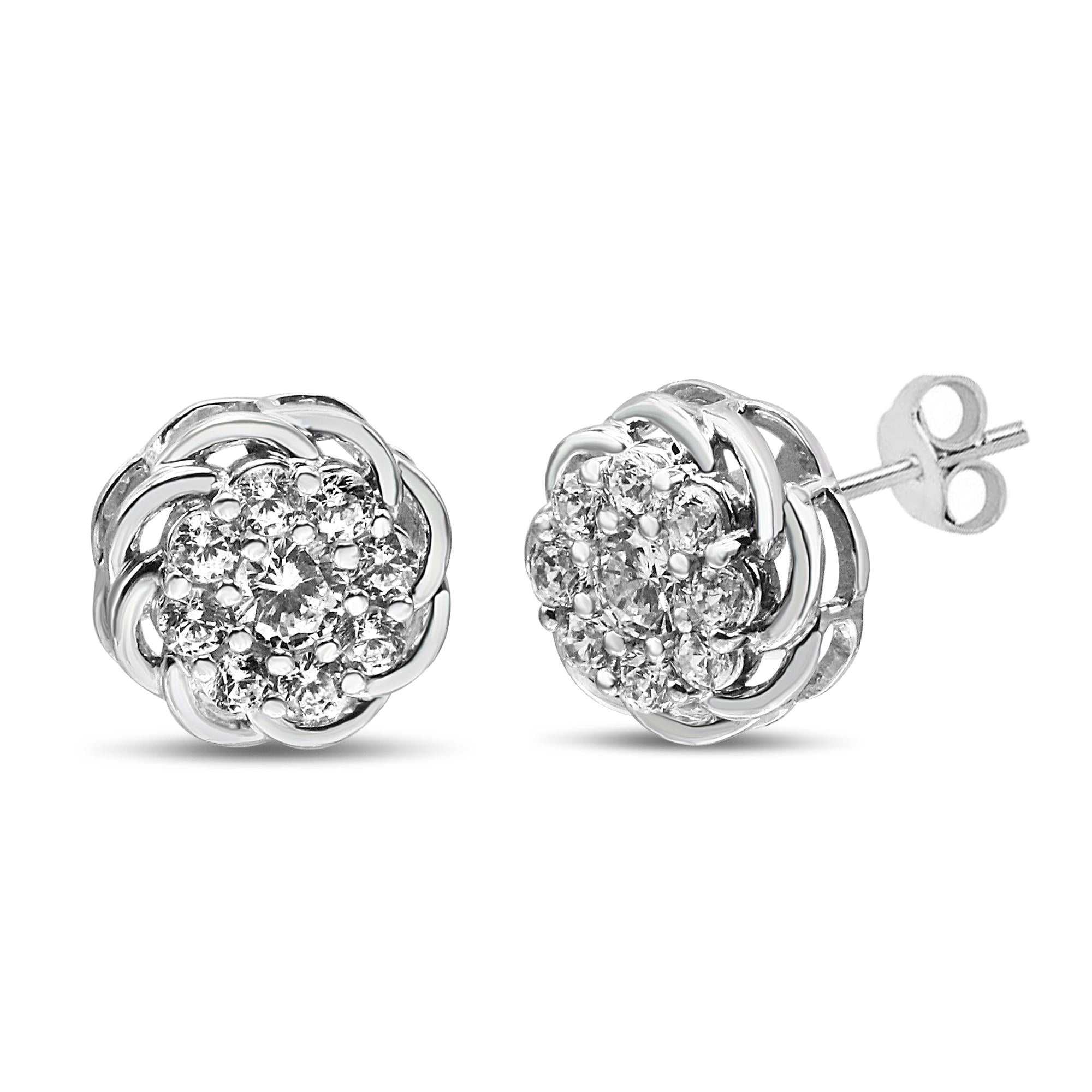 .925 Sterling Silver 1/2 Cttw Round Diamond Cluster Openwork Floral Halo Stud Earrings (I1-I2 Clarity, I-J Color)-1