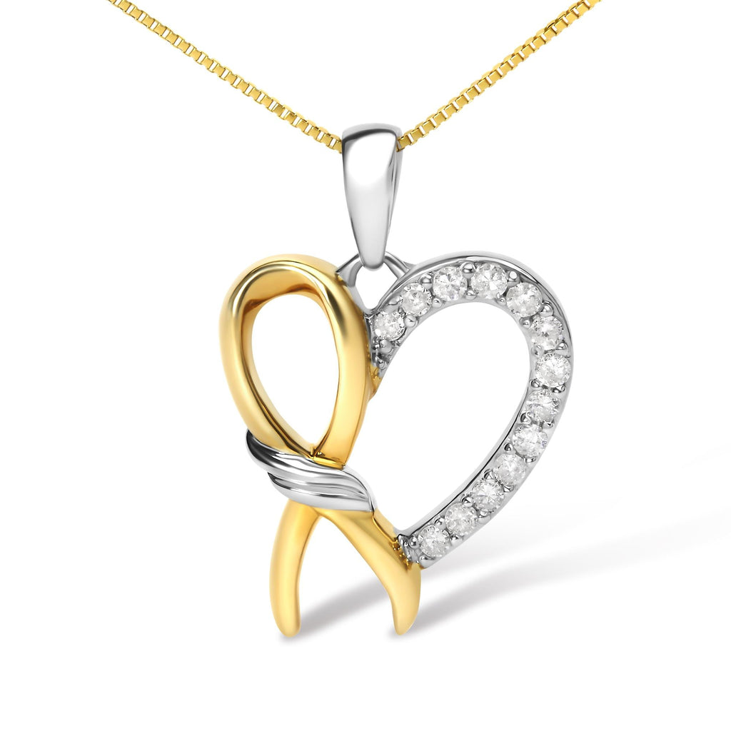 10K Yellow Gold Plated .925 Sterling Silver 1/5 Cttw Diamond Ribbon Heart Pendant Necklace (H-I Color, I2-I3 Clarity) - 18"-1