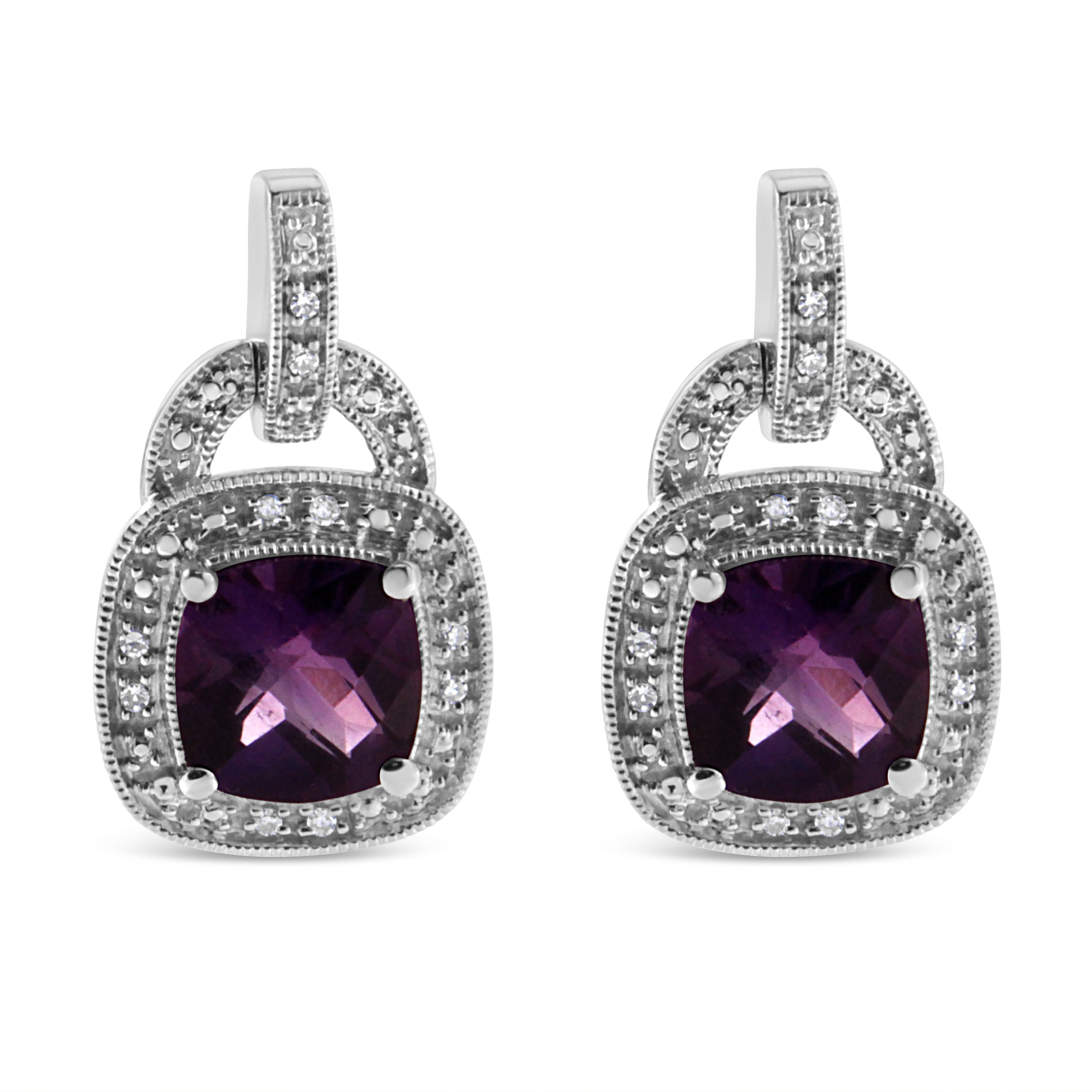 .925 Sterling Silver 8MM Natural Cushion Shaped Amethyst and Diamond Accent Halo with Push Back Dangle Earrings (I-J Color, I2-I3 Clarity)-1