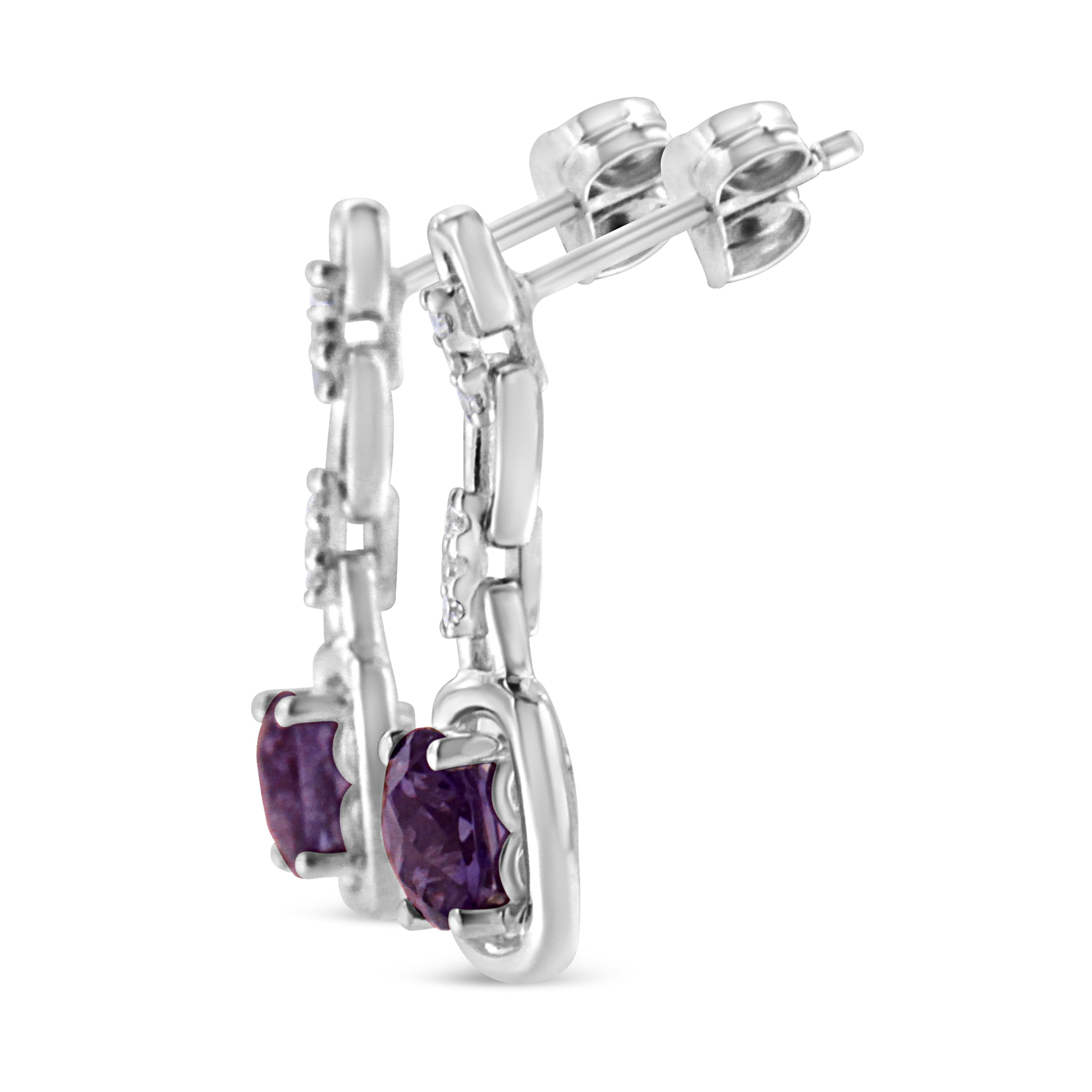.925 Sterling Silver 6x6MM Cushion Shaped Natural Purple Amethyst and Diamond Accent Drop and Dangle Earrings (I-J Color, I1-I2 Clarity)-1