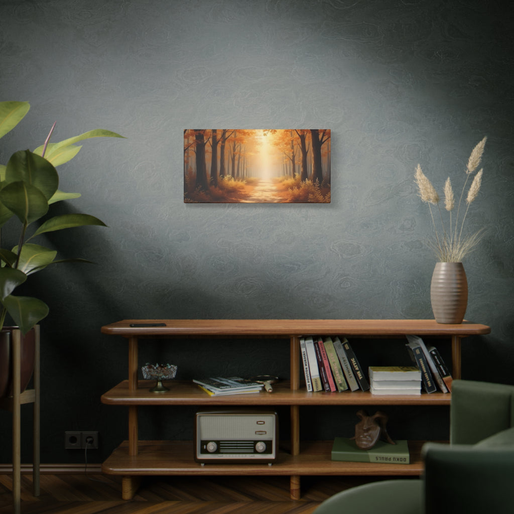 Autumn Forest Path Matte Canvas Wall Art — Golden Sunlit Woodland Scene