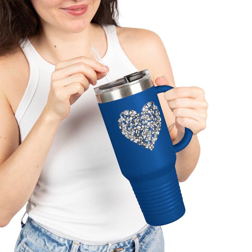 40oz Insulated Travel Mug — Silver Doodle Heart Design