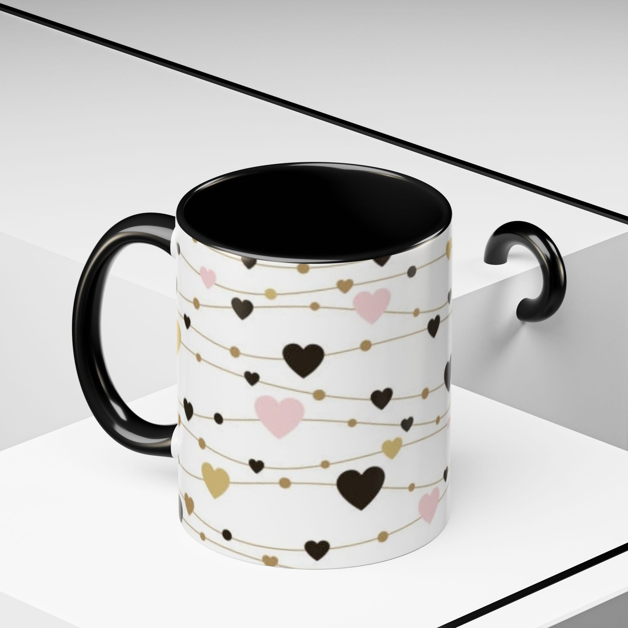 Heart Garland Accent Coffee Mug — Pink & Gold Valentine Ceramic