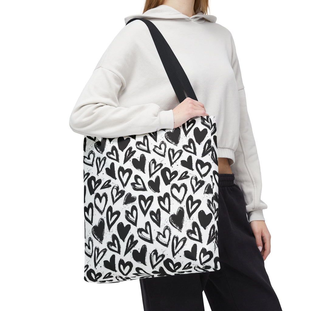 Heart Pattern Tote Bag — Black & White Hand-Drawn Hearts All-Over Print