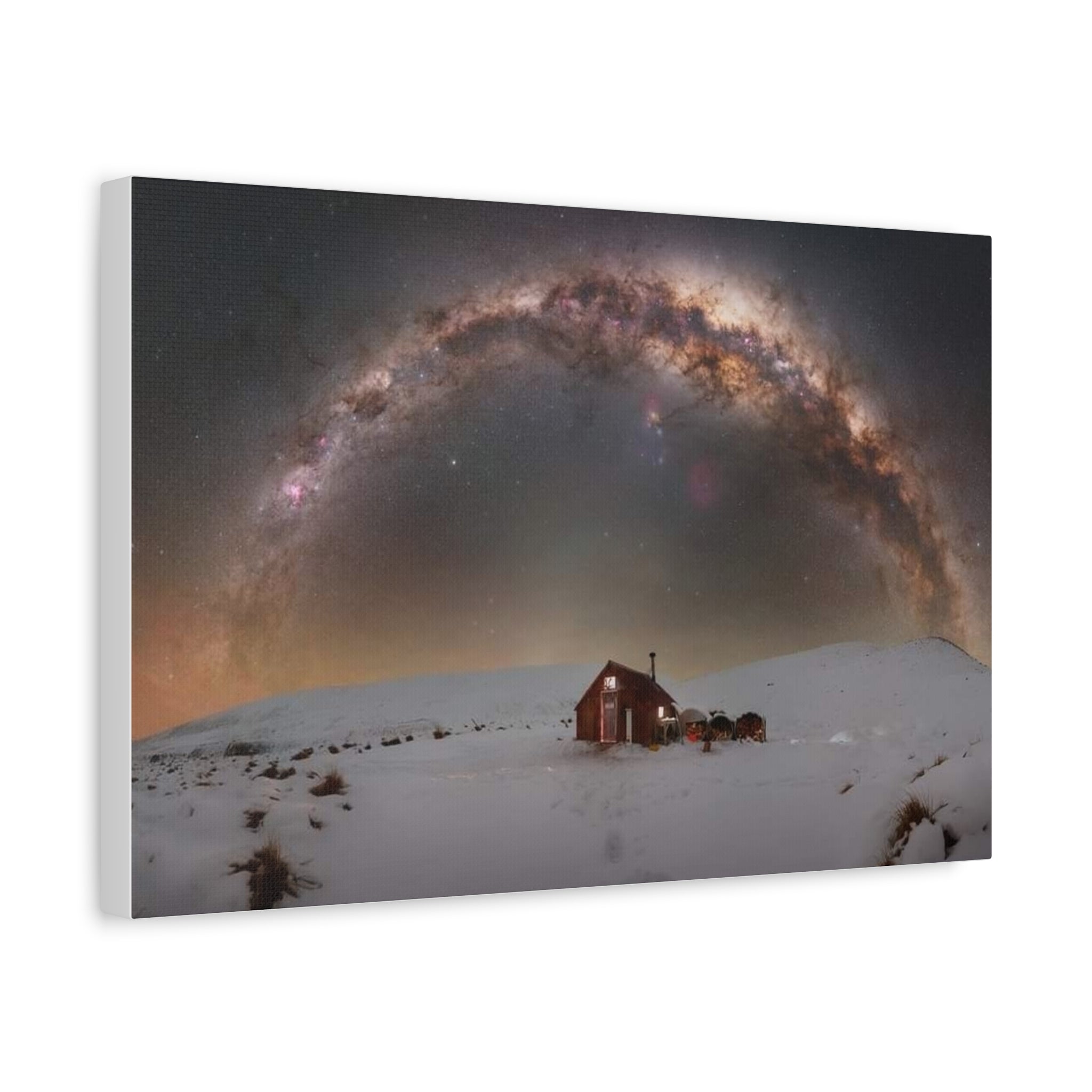 Milky Way Over Snowy Cabin — Matte Stretched Canvas Wall Art