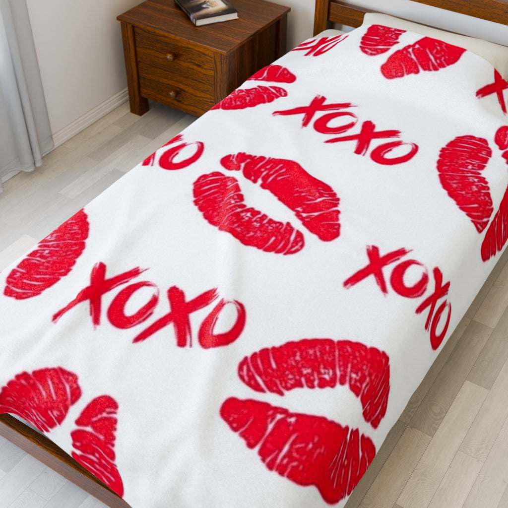 Velveteen Plush Blanket — Red Kiss Prints with XOXO Pattern (Valentine’s Cozy Throw)