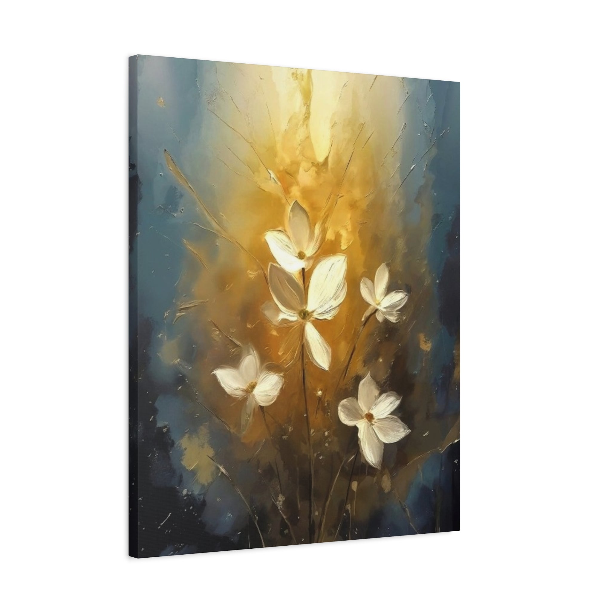 Golden Floral Canvas Print – Abstract White Flowers on Matte Stretched Canvas