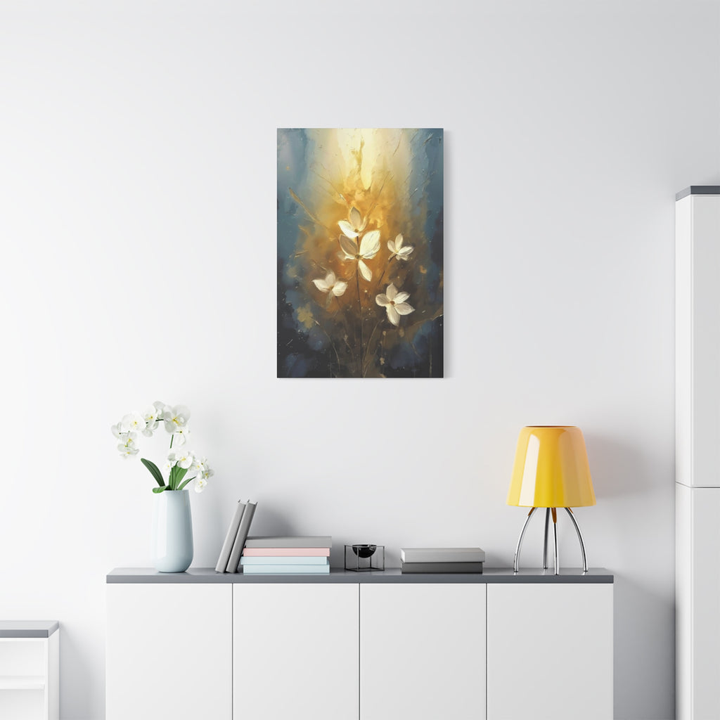 Golden Floral Canvas Print – Abstract White Flowers on Matte Stretched Canvas