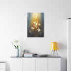 Golden Floral Canvas Print – Abstract White Flowers on Matte Stretched Canvas