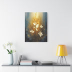 Golden Floral Canvas Print – Abstract White Flowers on Matte Stretched Canvas