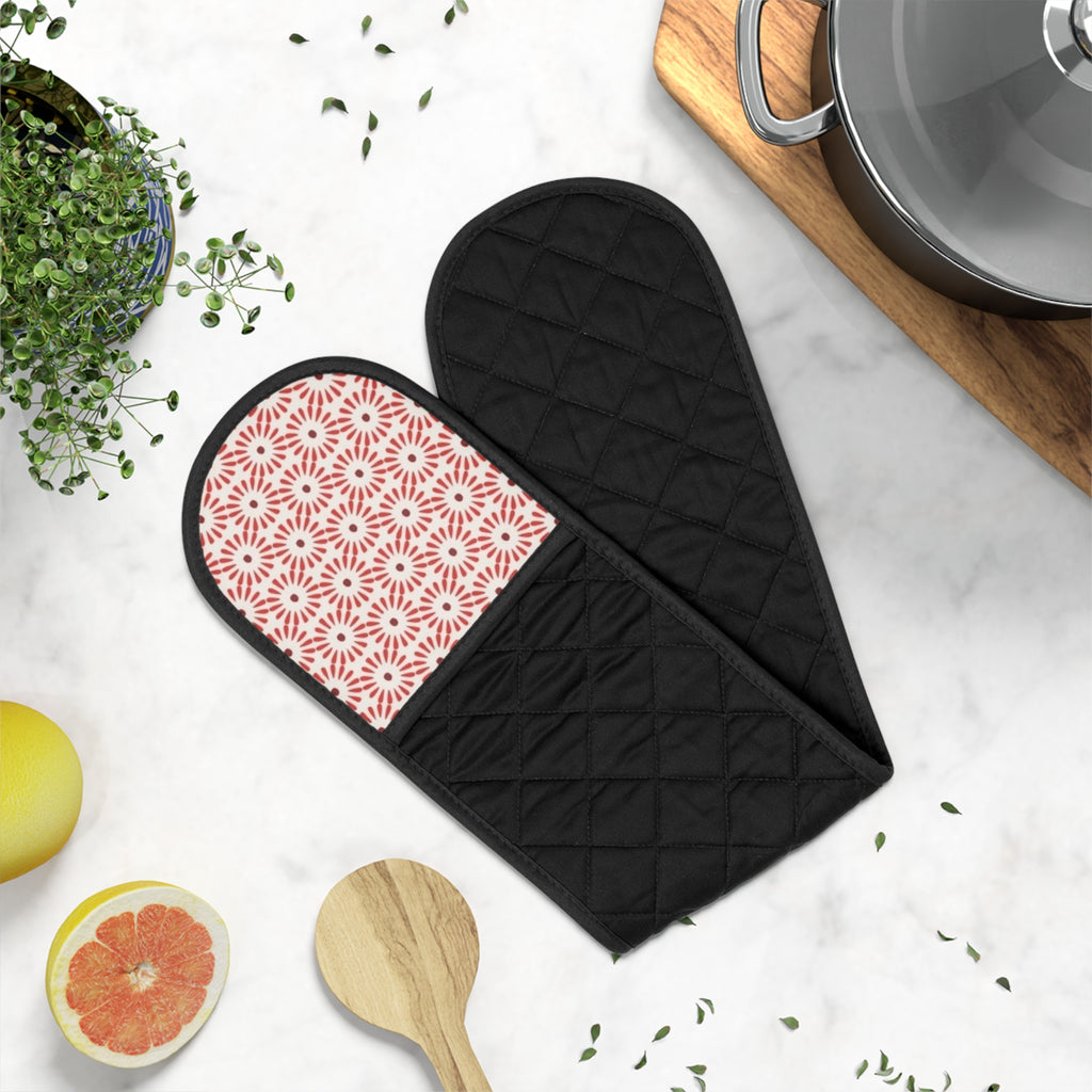 Double Oven Mitt Set - Pink Geometric Pattern Heat-Resistant Kitchen Gloves
