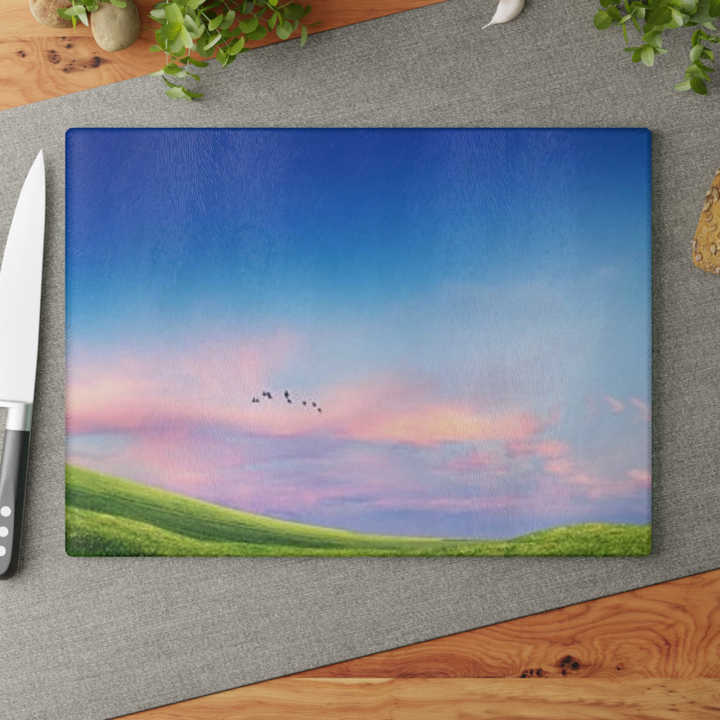Glass Cutting Board - Pastel Sunrise Landscape with Flying Birds