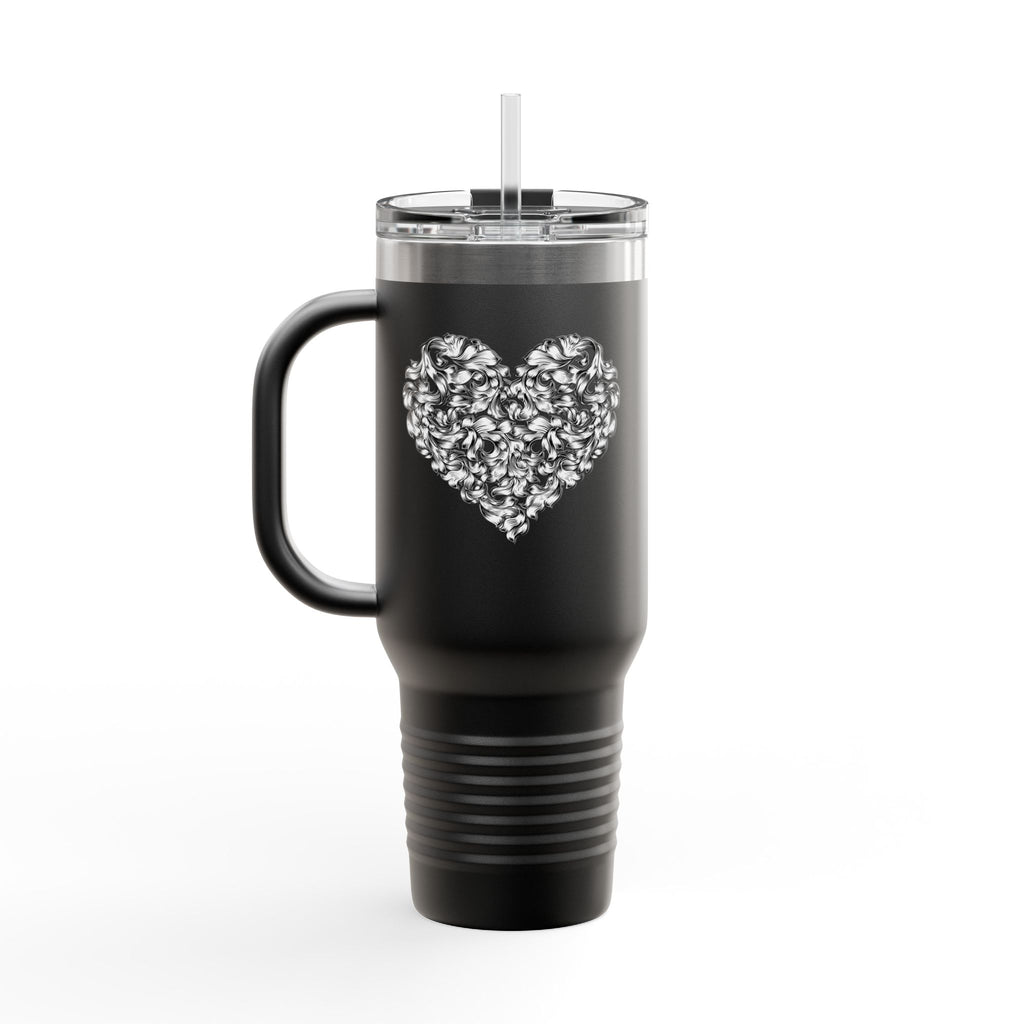 40oz Insulated Travel Mug — Silver Doodle Heart Design