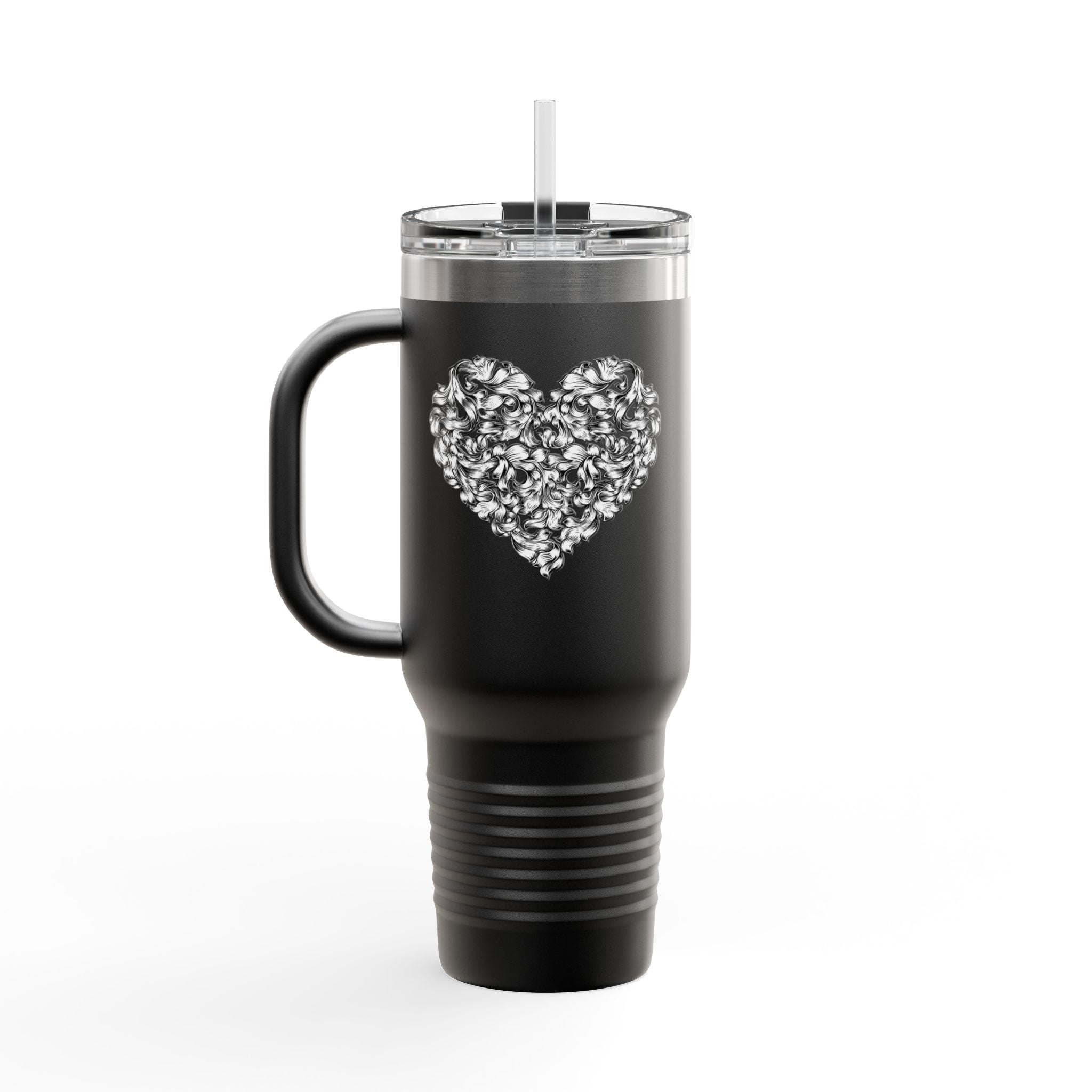 40oz Insulated Travel Mug — Silver Doodle Heart Design