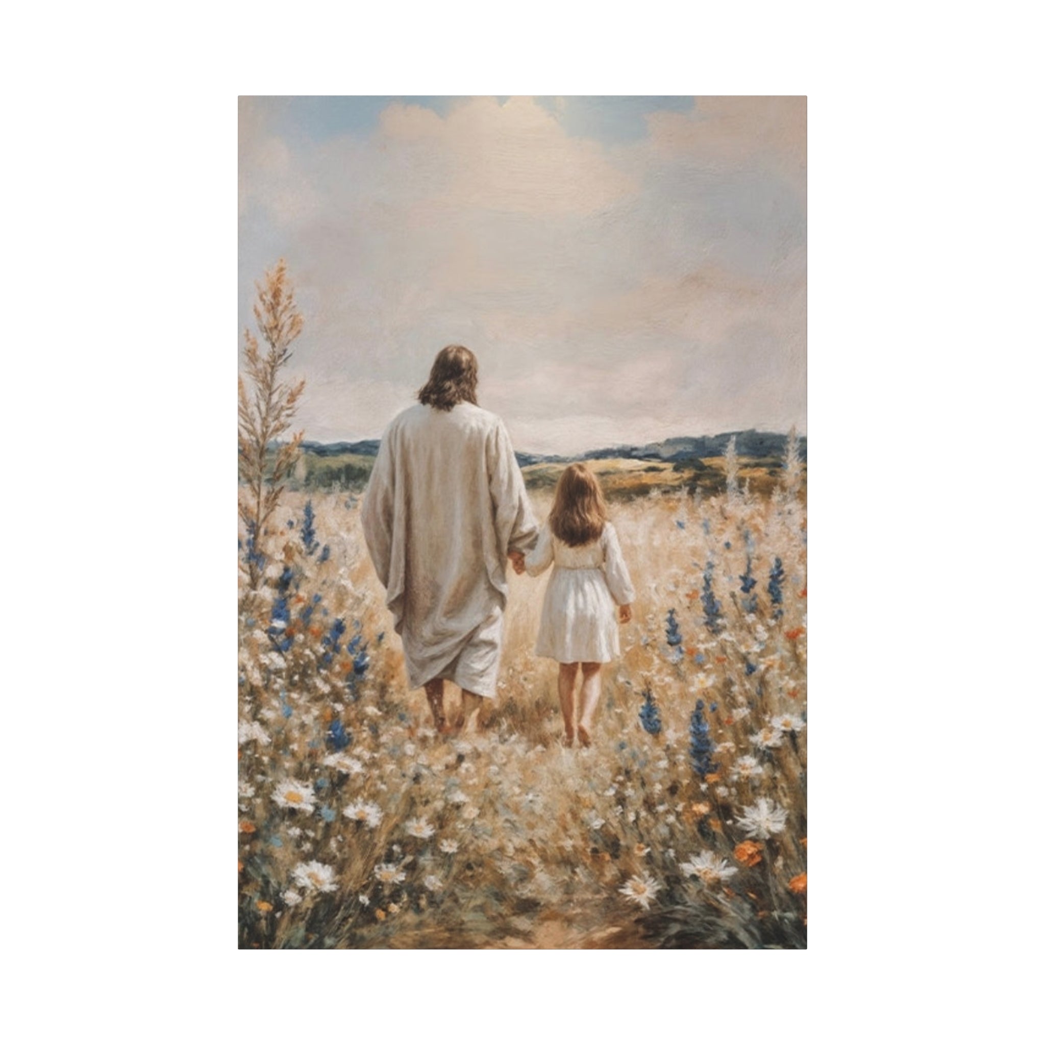 Jesus and Child Walking in Field Canvas Art - Religious Wall Decor