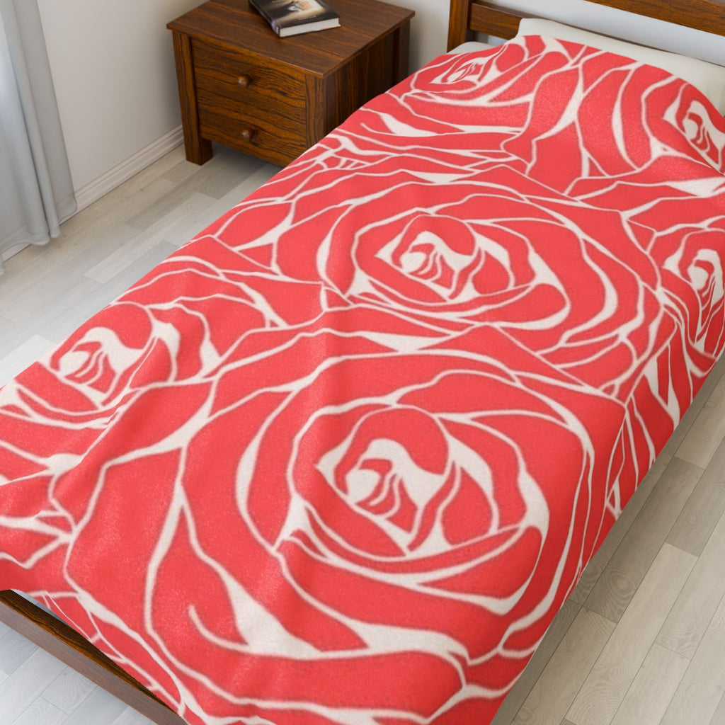 Rose Pattern Plush Blanket — Coral Velveteen Throw
