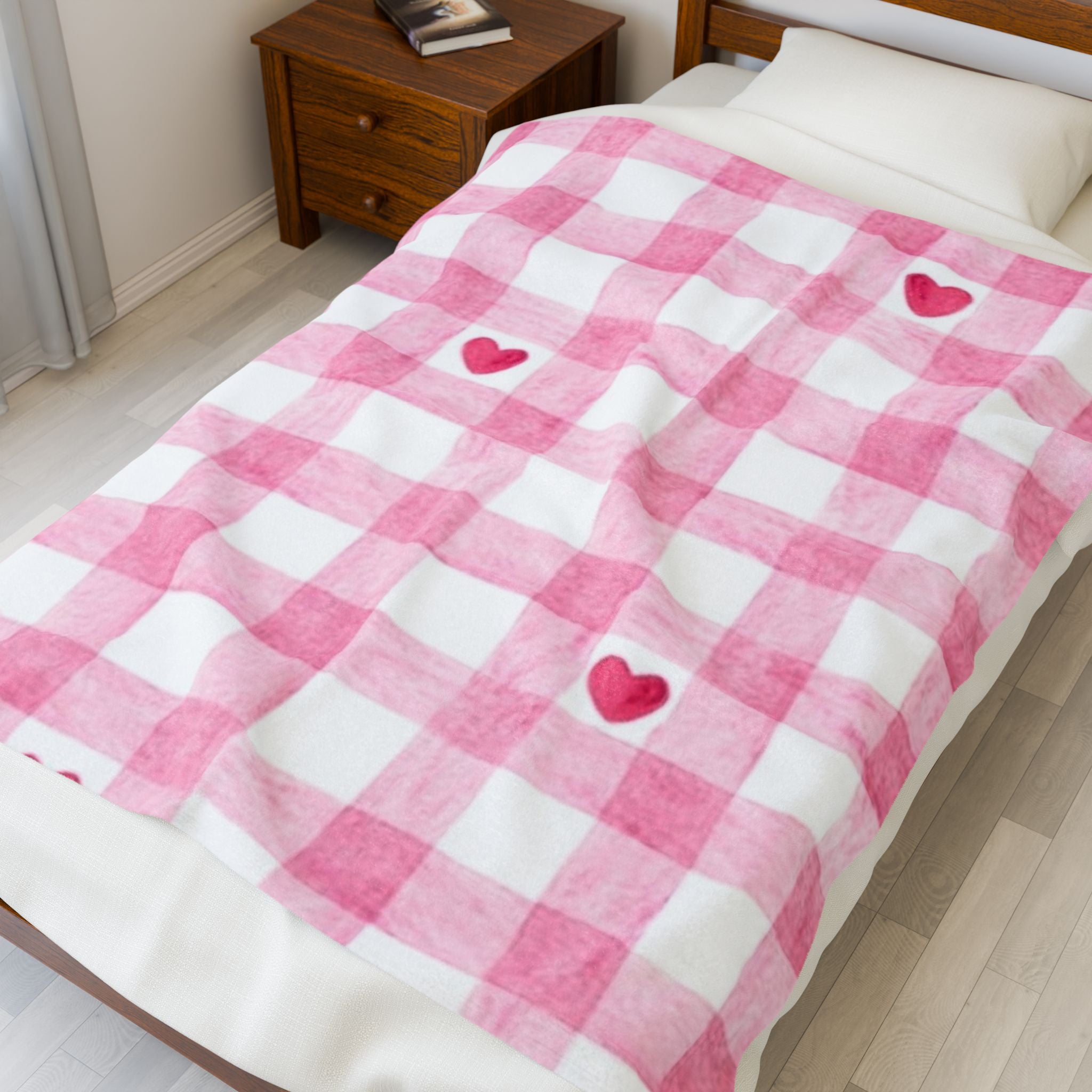 Pink Gingham Heart Velveteen Plush Blanket — Cozy Valentine's Throw