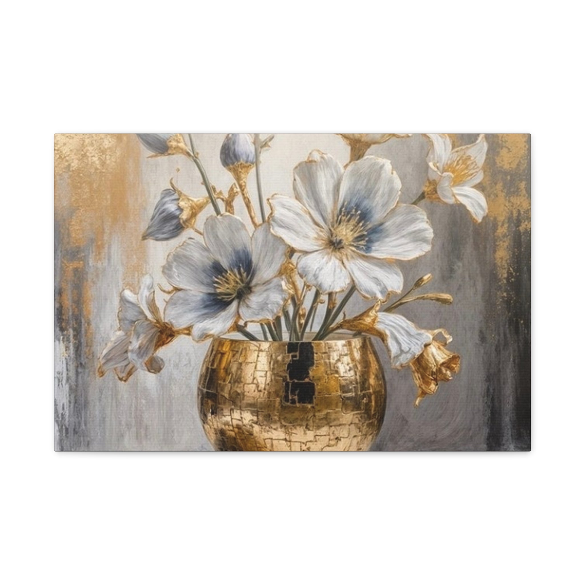Floral Gold Vase Canvas Print — Elegant White & Blue Flower Wall Art