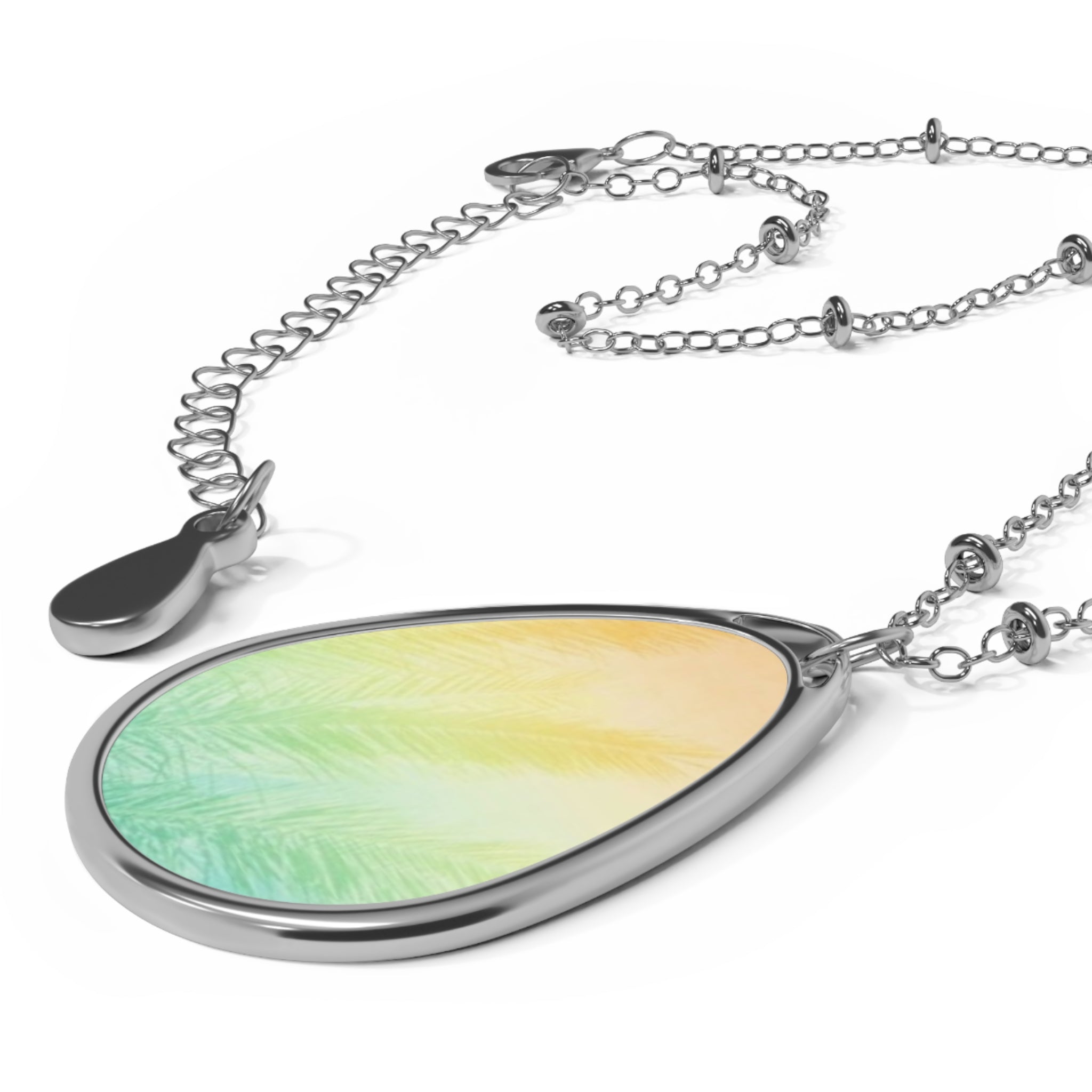 Oval Pendant Necklace — Pastel Feather Teardrop Jewelry