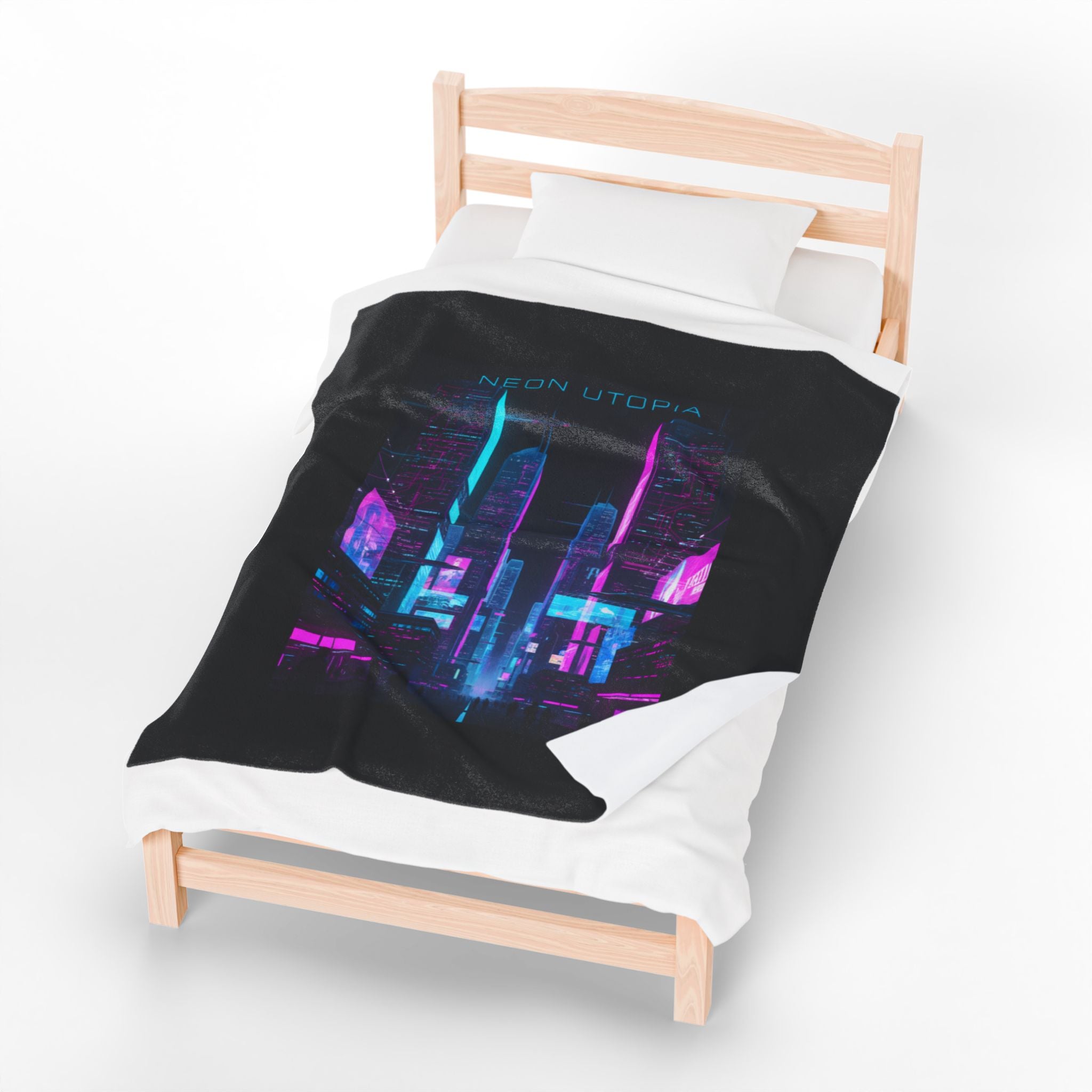 Neon Utopia Cyberpunk Skyline Velveteen Plush Blanket | synthwave cityscape, neon aesthetic