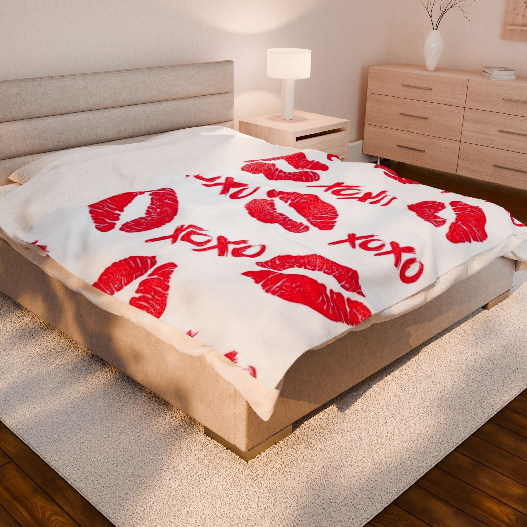 Velveteen Plush Blanket — Red Kiss Prints with XOXO Pattern (Valentine’s Cozy Throw)