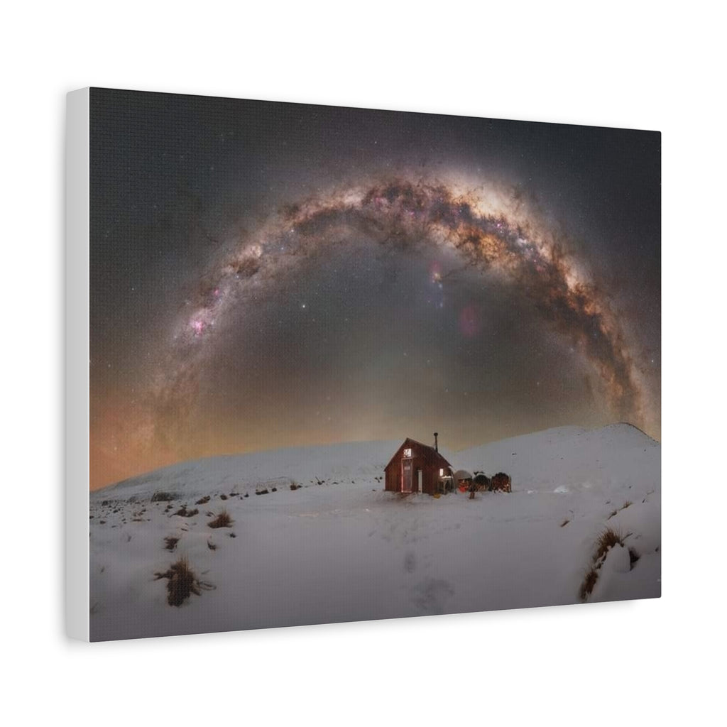 Milky Way Over Snowy Cabin — Matte Stretched Canvas Wall Art