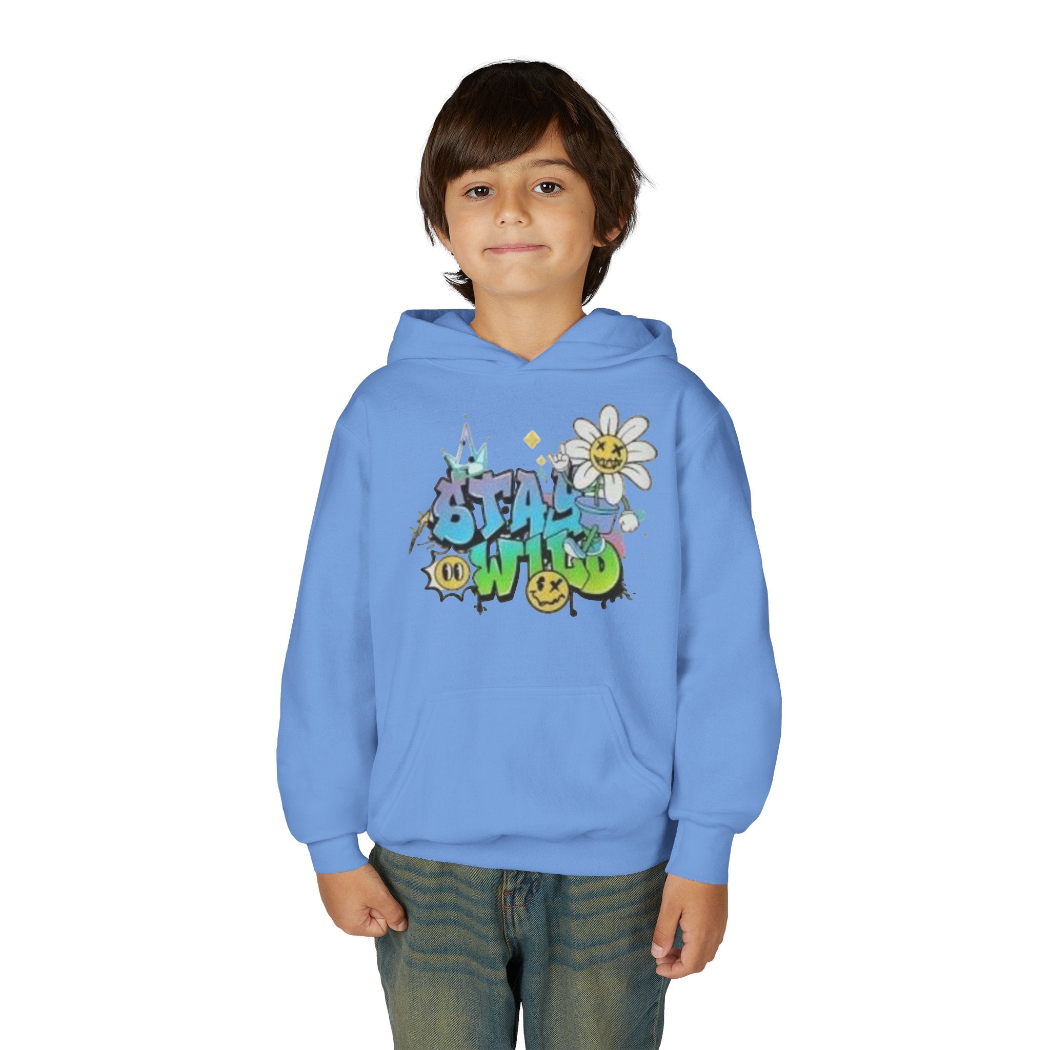 Youth Hoodie — "Stay Wild" Graffiti Daisy Streetwear