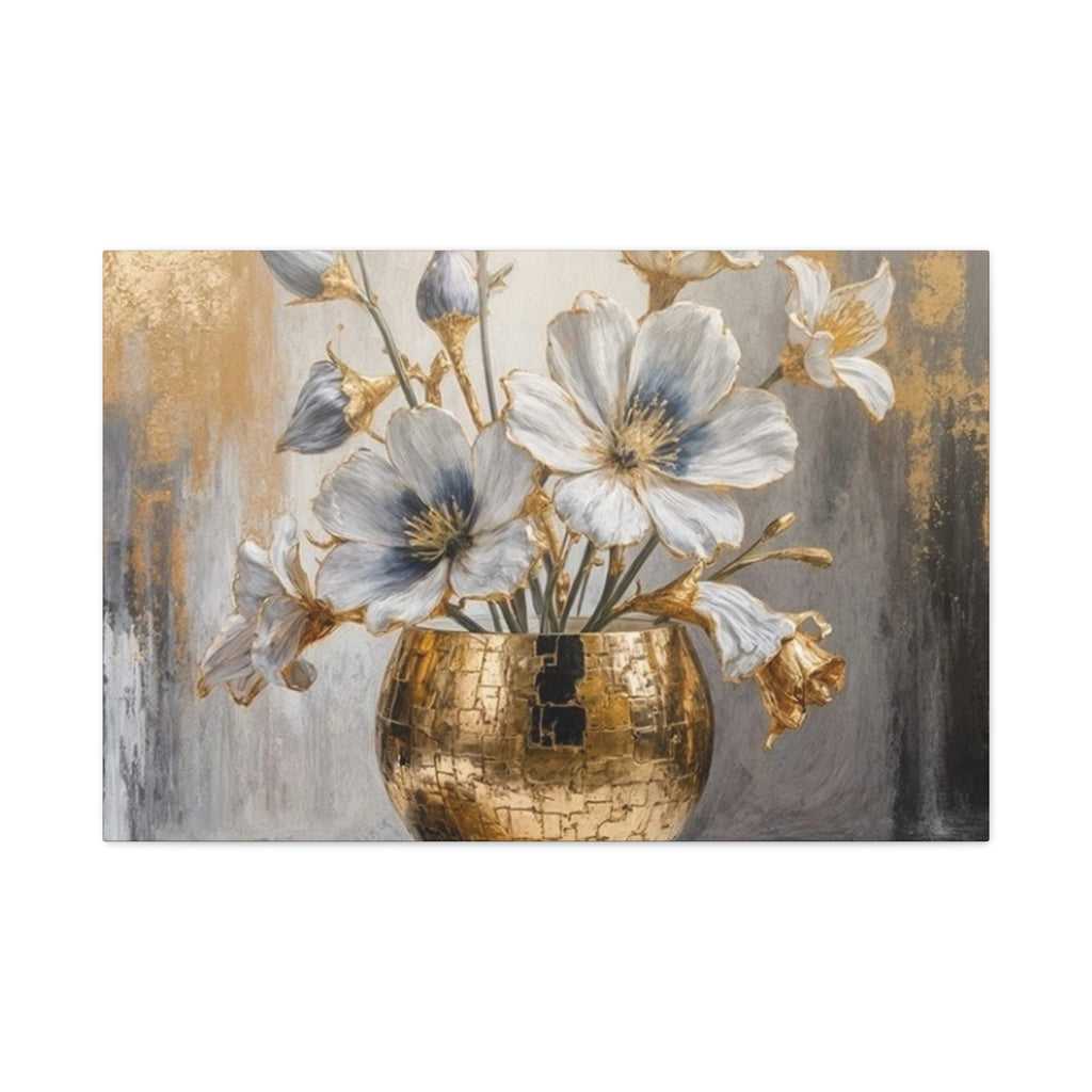 Floral Gold Vase Canvas Print — Elegant White & Blue Flower Wall Art