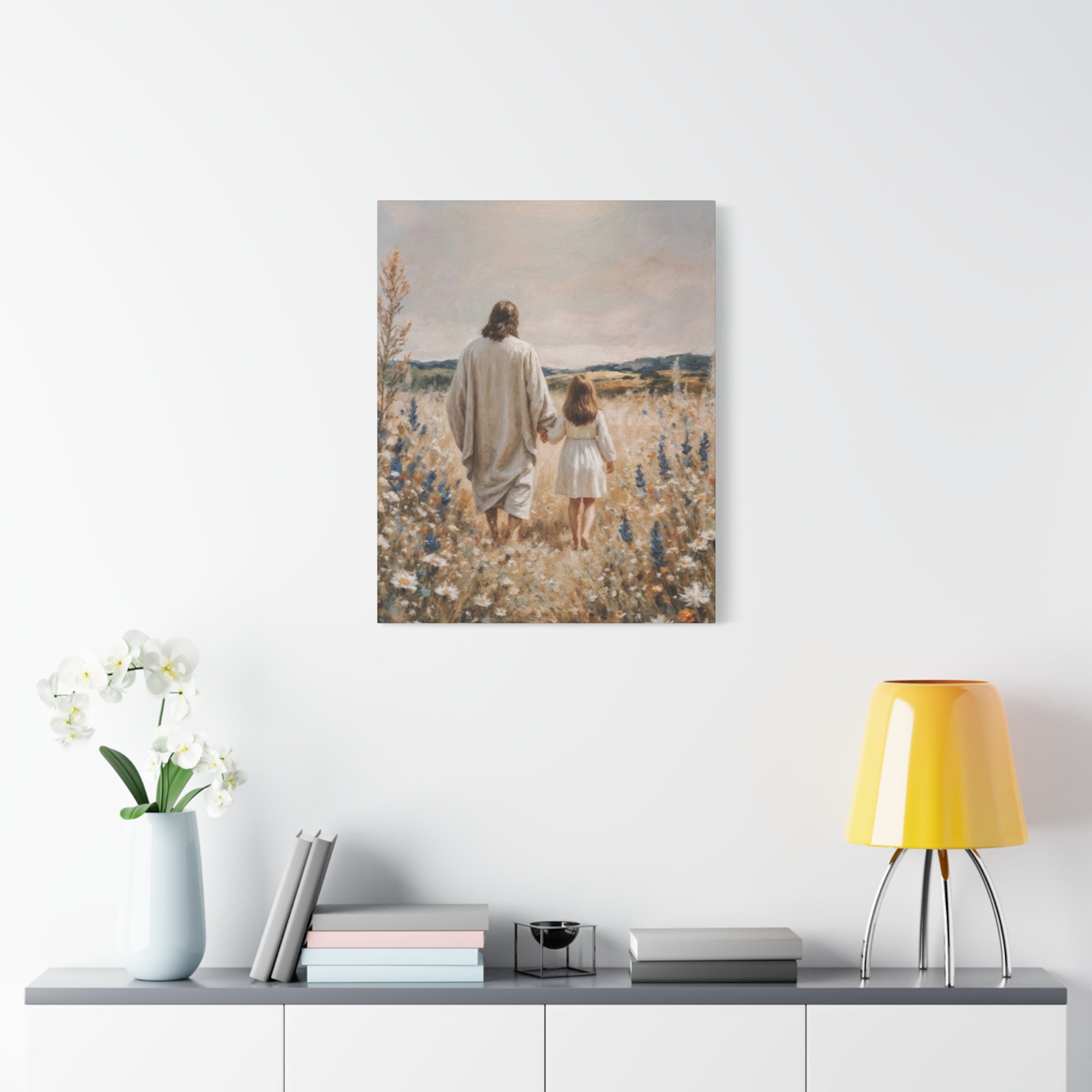 Jesus and Child Walking in Field Canvas Art - Religious Wall Decor