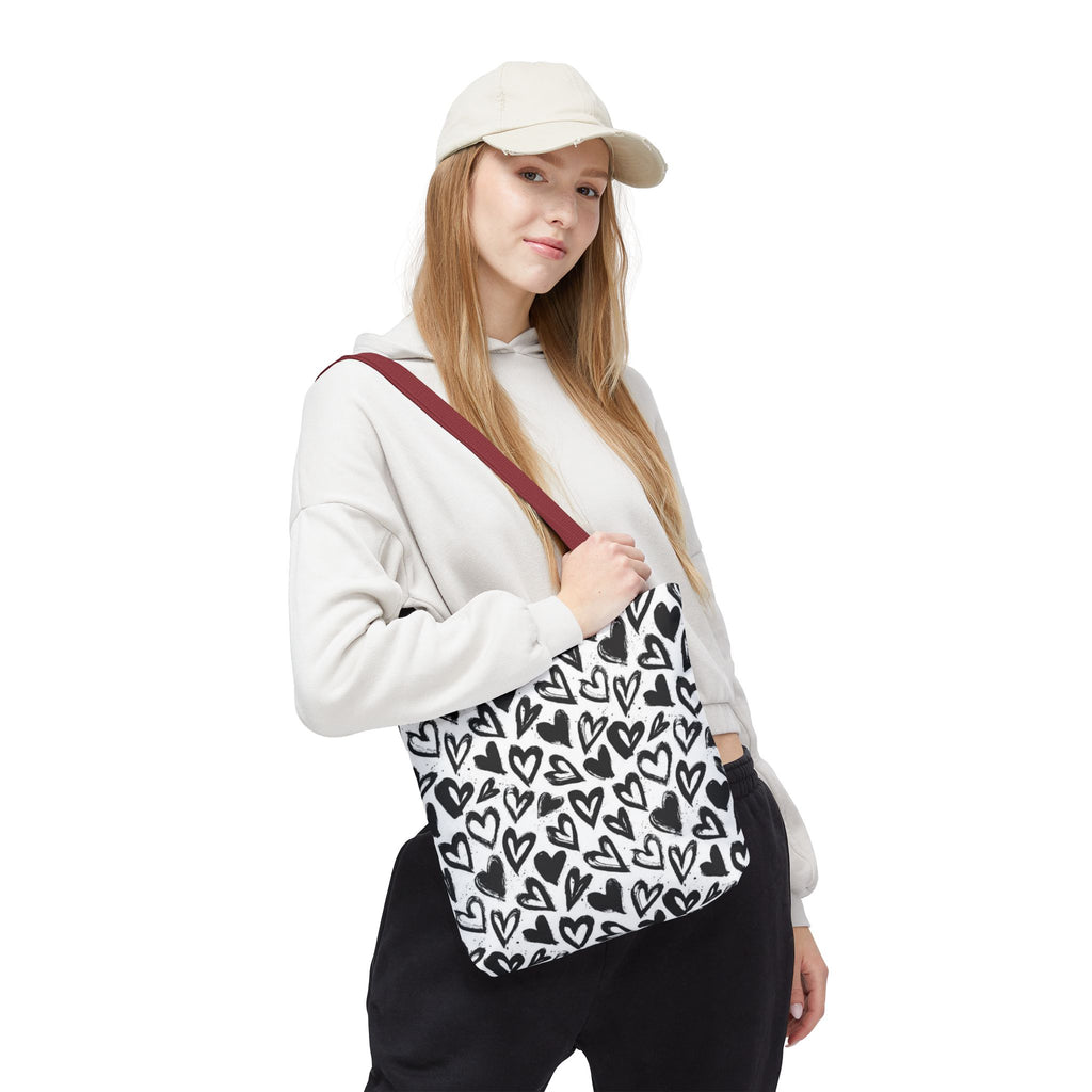 Heart Pattern Tote Bag — Black & White Hand-Drawn Hearts All-Over Print