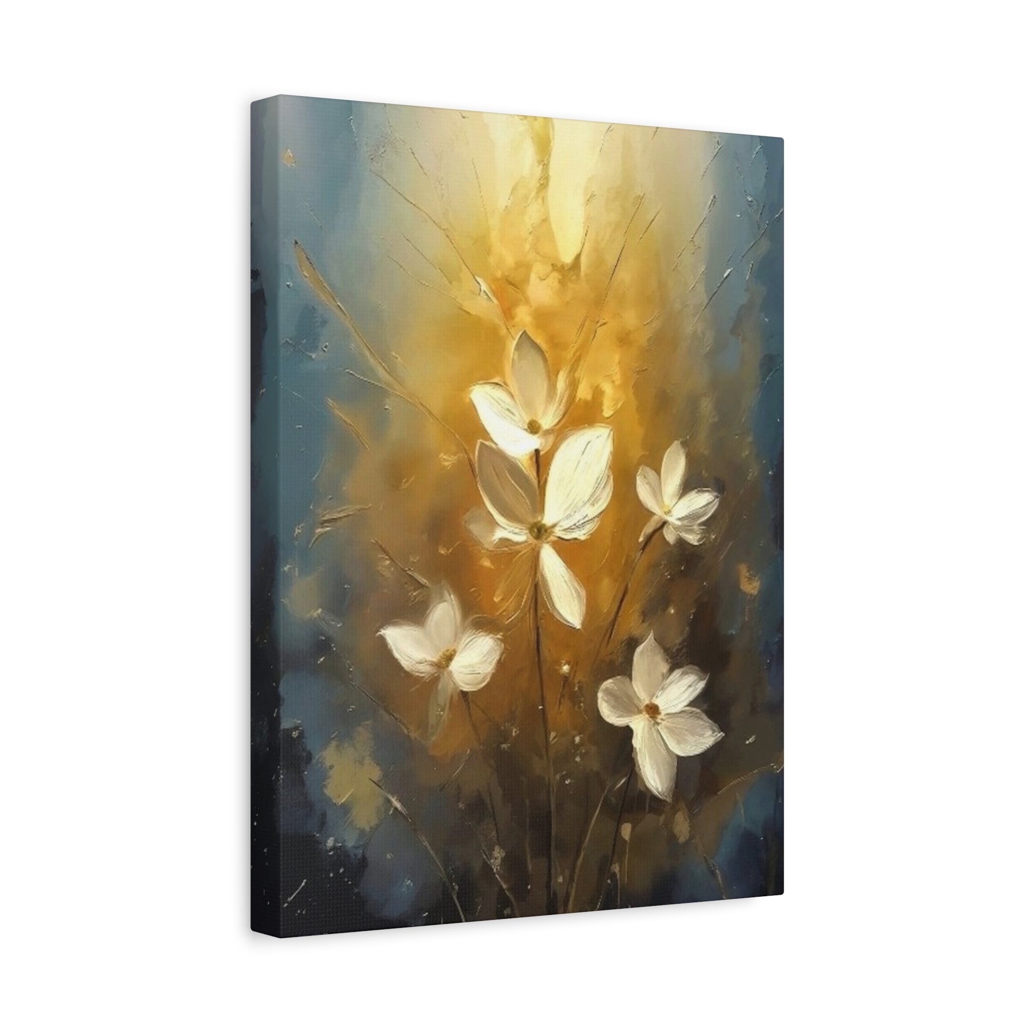 Golden Floral Canvas Print – Abstract White Flowers on Matte Stretched Canvas