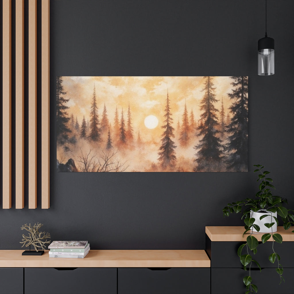 Canvas Wall Art - Misty Pine Forest Sunrise Matte Stretched Canvas