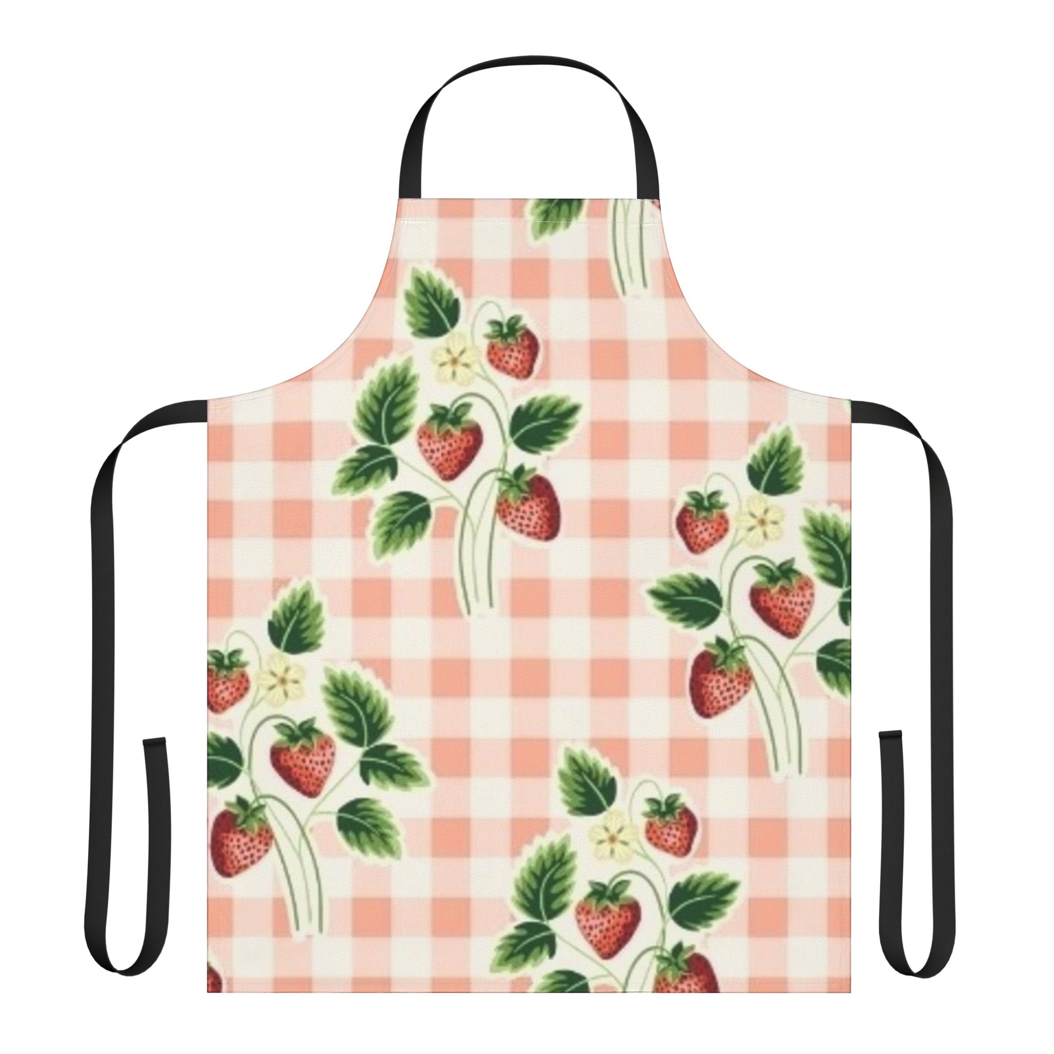 Strawberry Gingham Apron – Vintage Pink Kitchen Apron with Strawberry Print