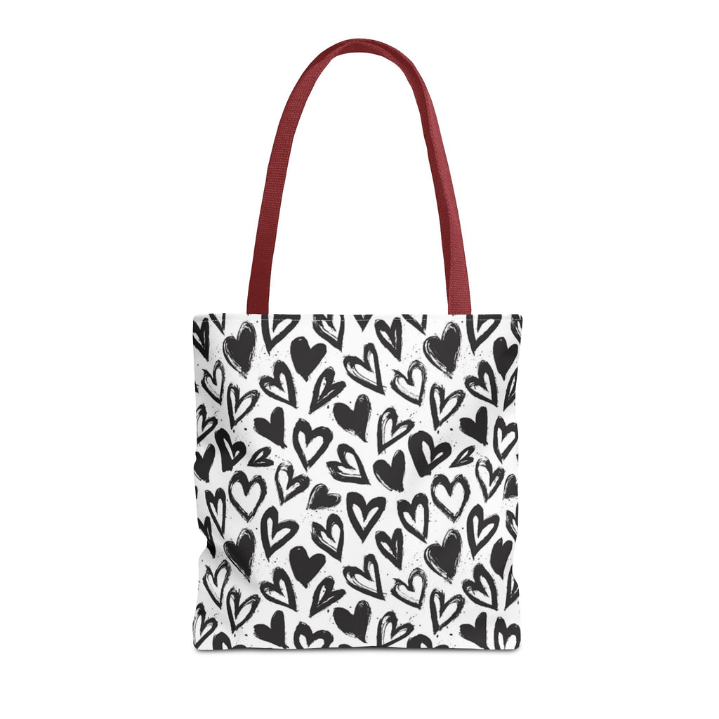 Heart Pattern Tote Bag — Black & White Hand-Drawn Hearts All-Over Print