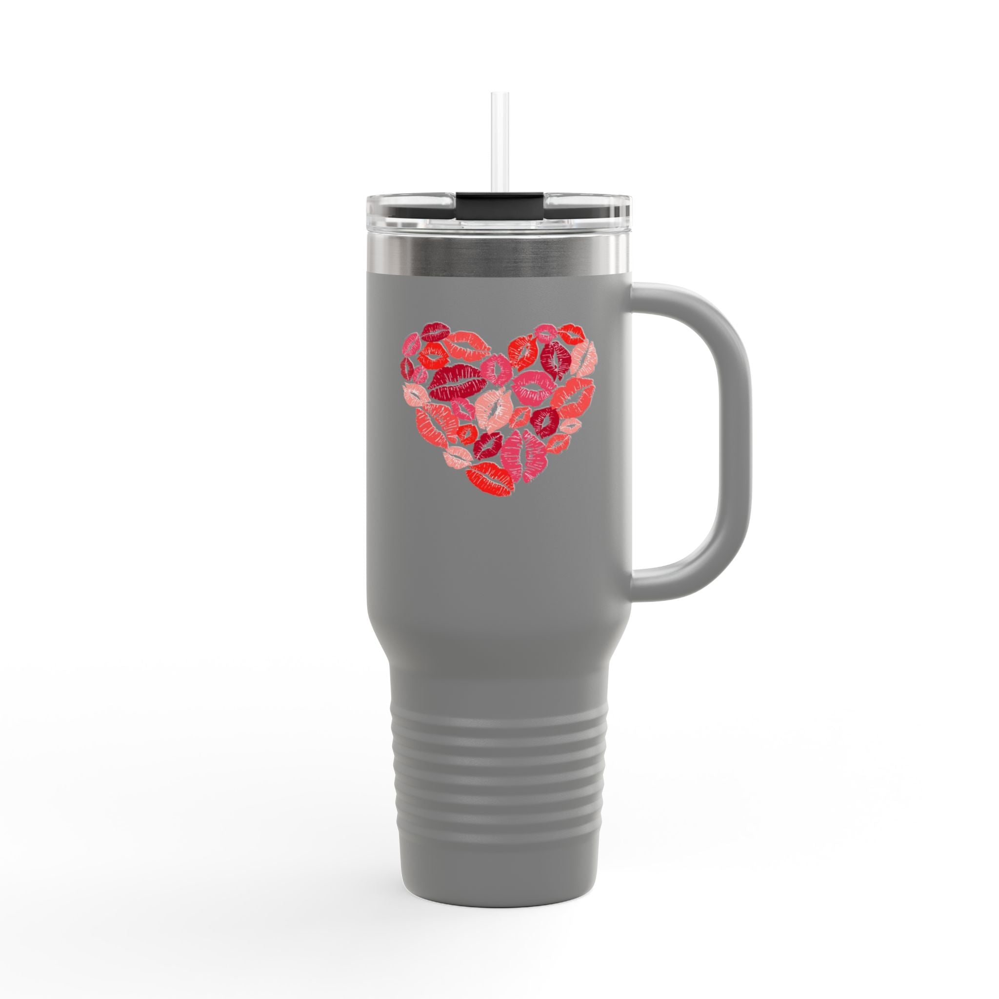 40oz Insulated Travel Mug — Pink Lipstick Kiss Heart Design