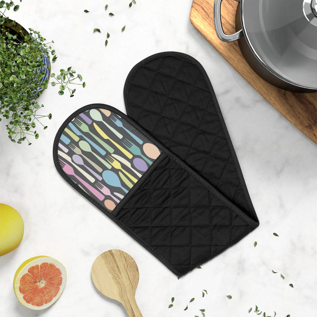 Double Oven Mitts Protector - Pastel Spoon & Fork Kitchen Heat-Resistant Handle Cover