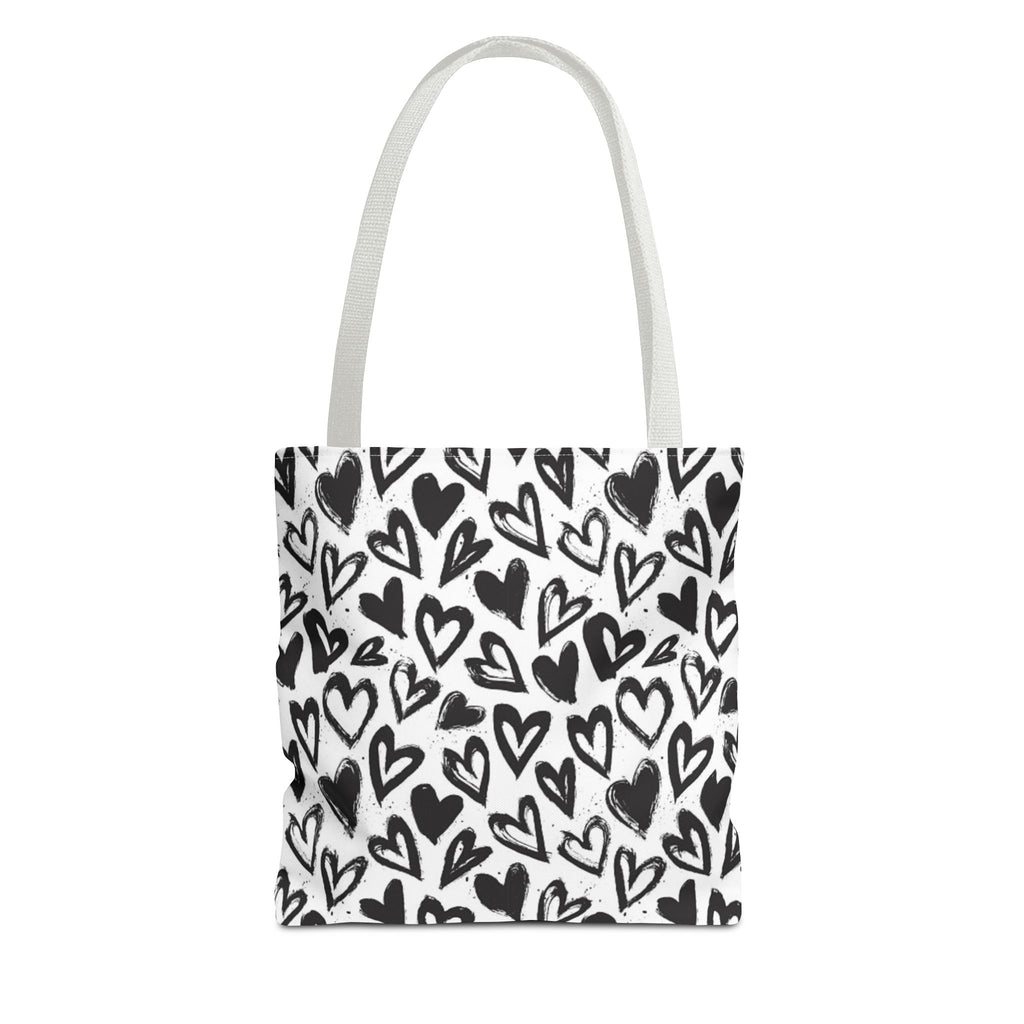Heart Pattern Tote Bag — Black & White Hand-Drawn Hearts All-Over Print