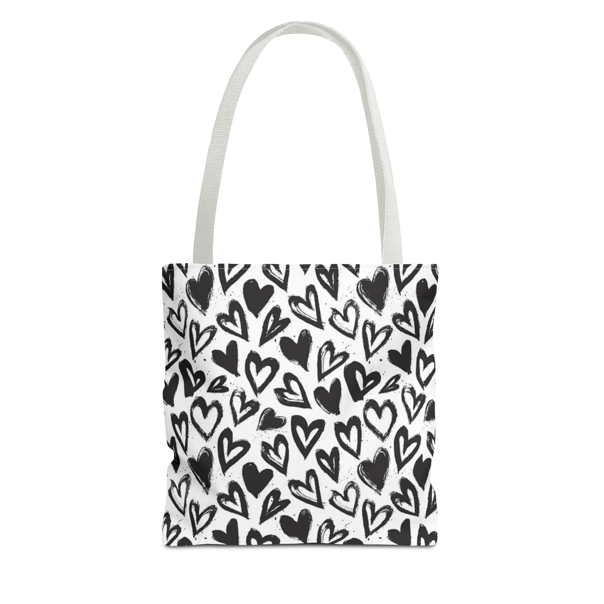 Heart Pattern Tote Bag — Black & White Hand-Drawn Hearts All-Over Print
