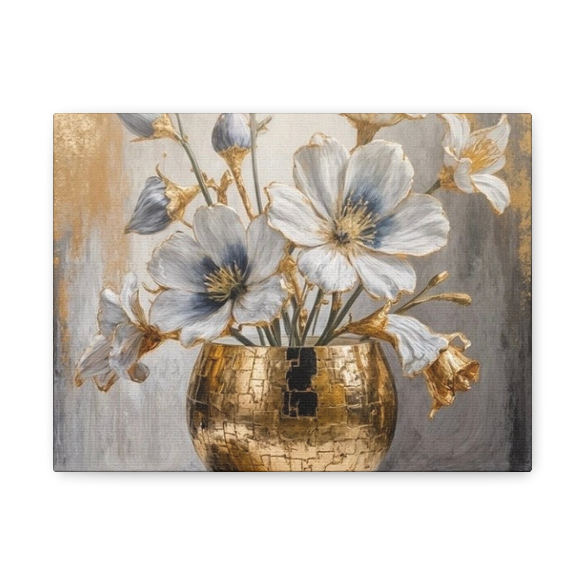 Floral Gold Vase Canvas Print — Elegant White & Blue Flower Wall Art