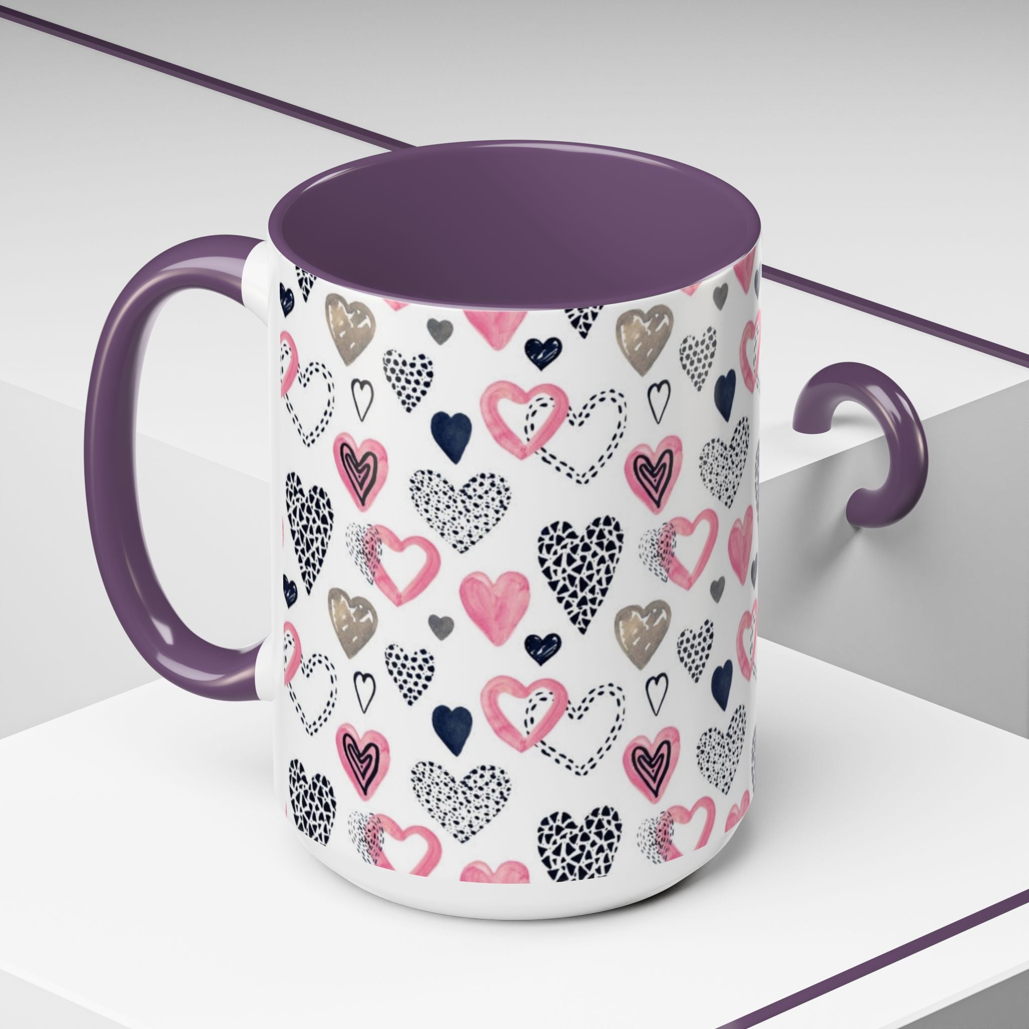 Heart Pattern Accent Coffee Mug — Pink & Navy Love Design (11/15 oz)