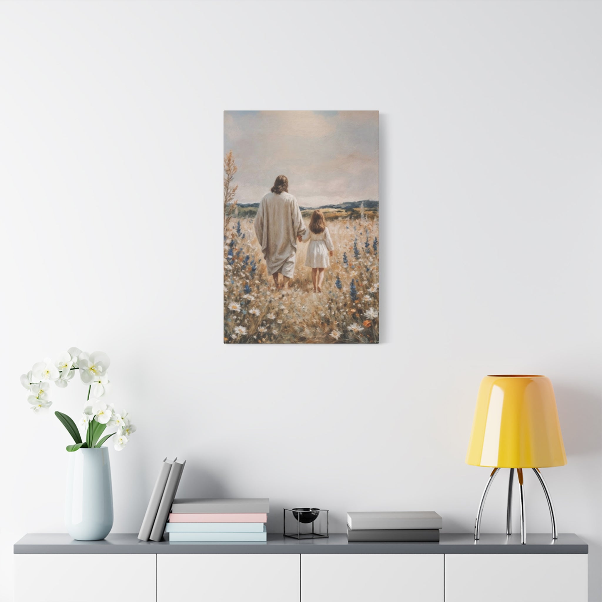 Jesus and Child Walking in Field Canvas Art - Religious Wall Decor