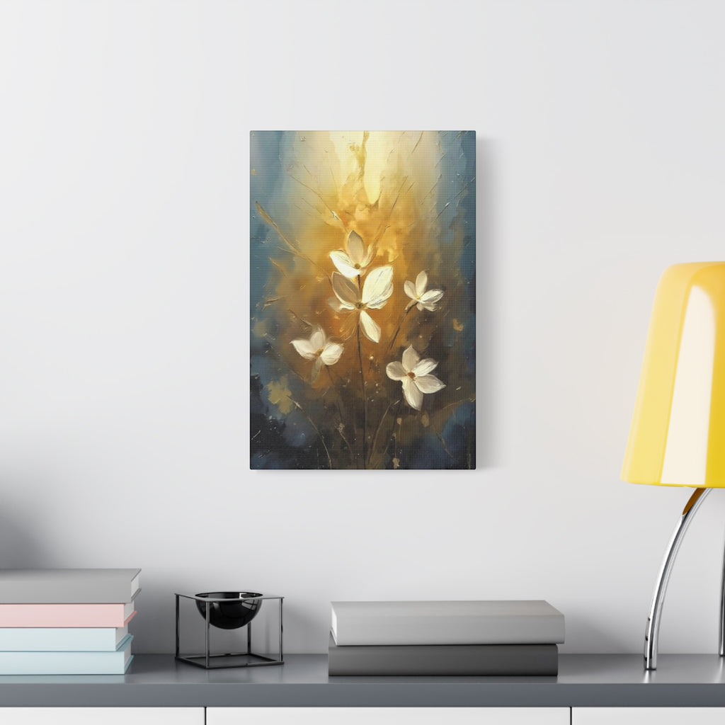 Golden Floral Canvas Print – Abstract White Flowers on Matte Stretched Canvas